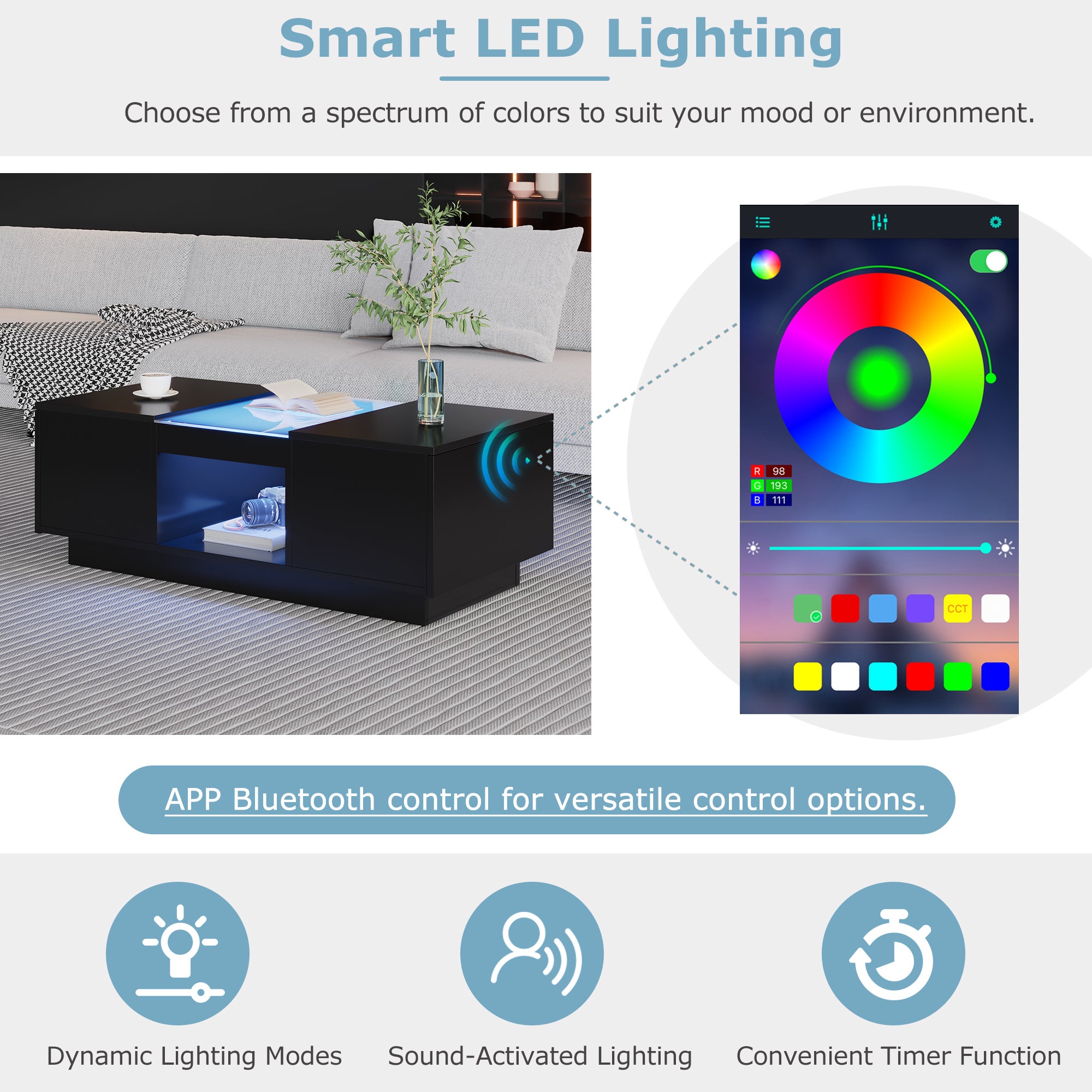 Stół kawowy czarny 100x50x35,5 cm - z LED, sterowaniem APP, 2 szuflady, szklana powierzchnia - 6