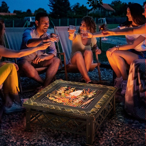Brasero 3-en-1 76x76x47 cm con parrilla, protección contra chispas y cubo de hielo, para jardín y bbq, negro