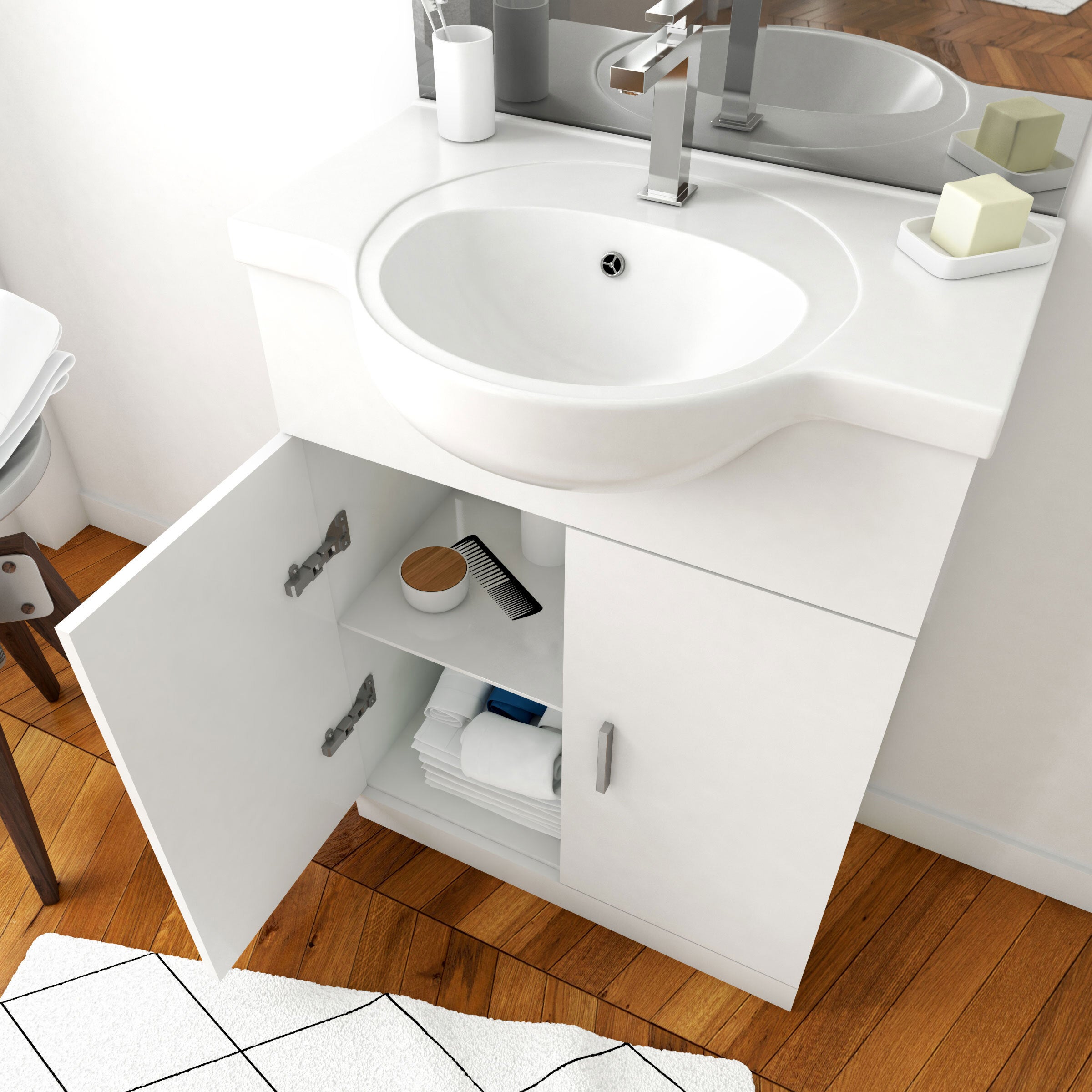 Meuble salle de bain blanc 60 cm sur pied + vasque ceramique blanche + miroir applique led - 2