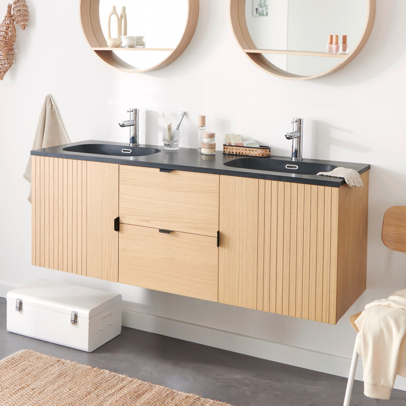 Meuble double 140cm chêne STUDIO suspendu avec plan résine - 3