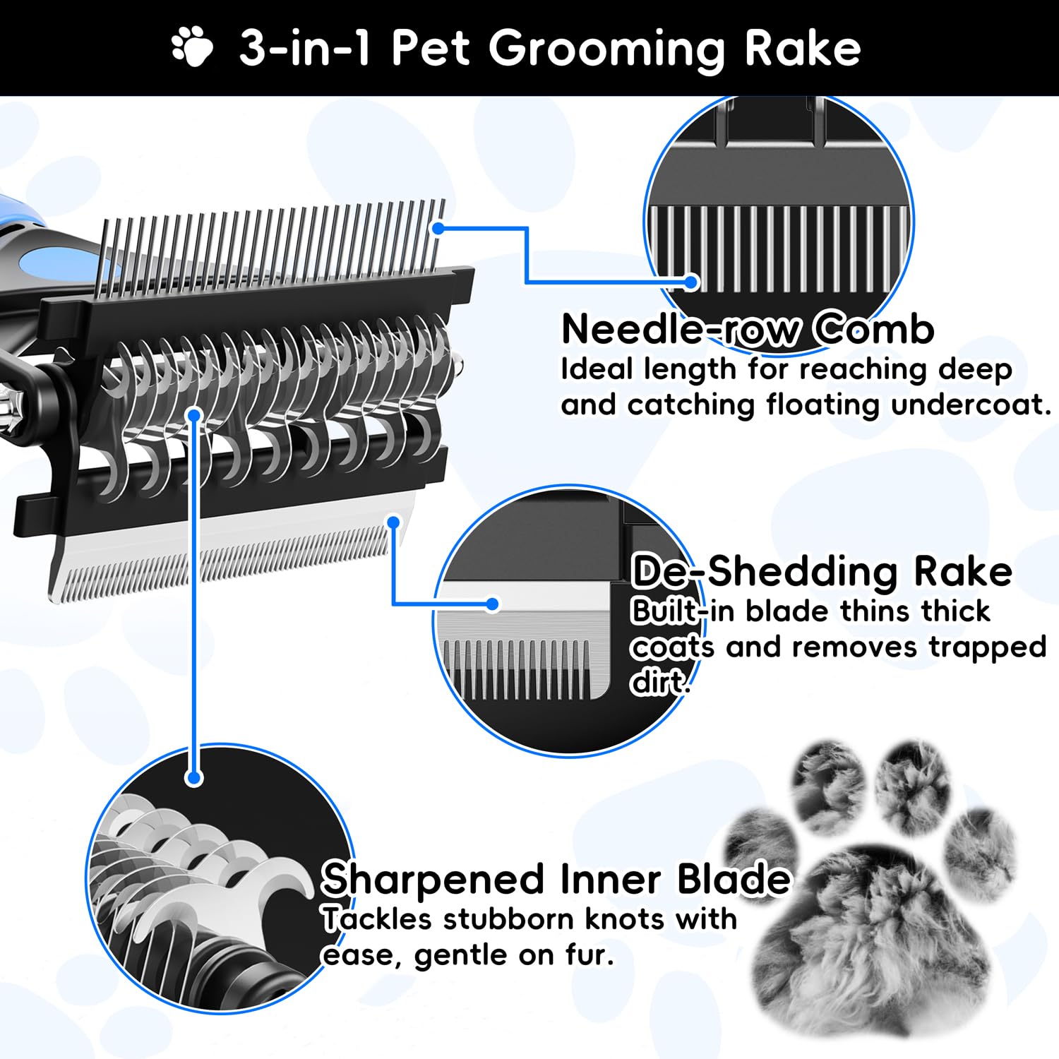 Escova de grooming 3 em 1 profissional para animais Azul – Ideal para cães e gatos, todos os tipos de pelo - 2
