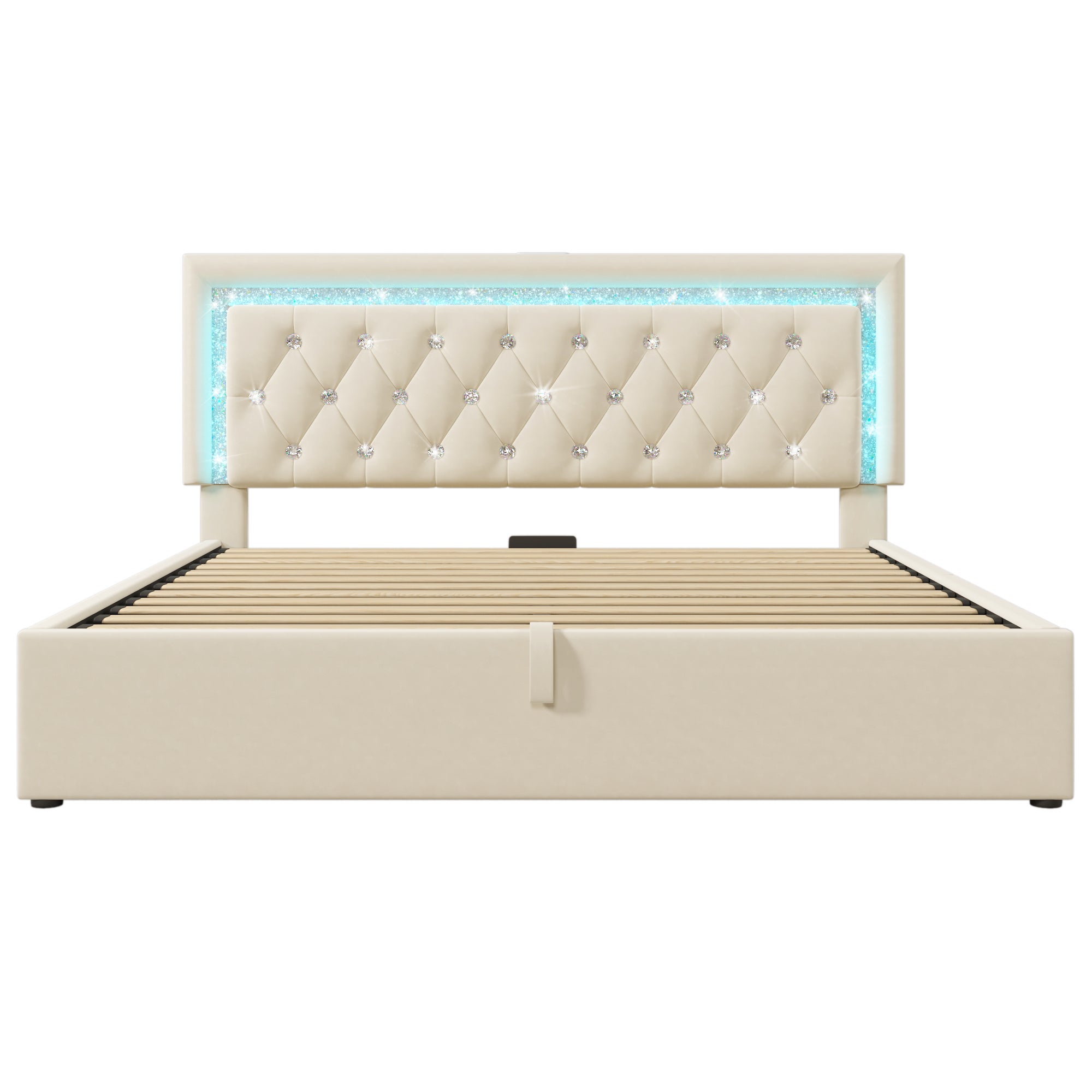 Łóżko tapicerowane z pojemnikiem 140x200 cm z aksamitu - z oświetleniem LED - z portami USB i typu C - ze stelażem listwowym - beżowe - 8