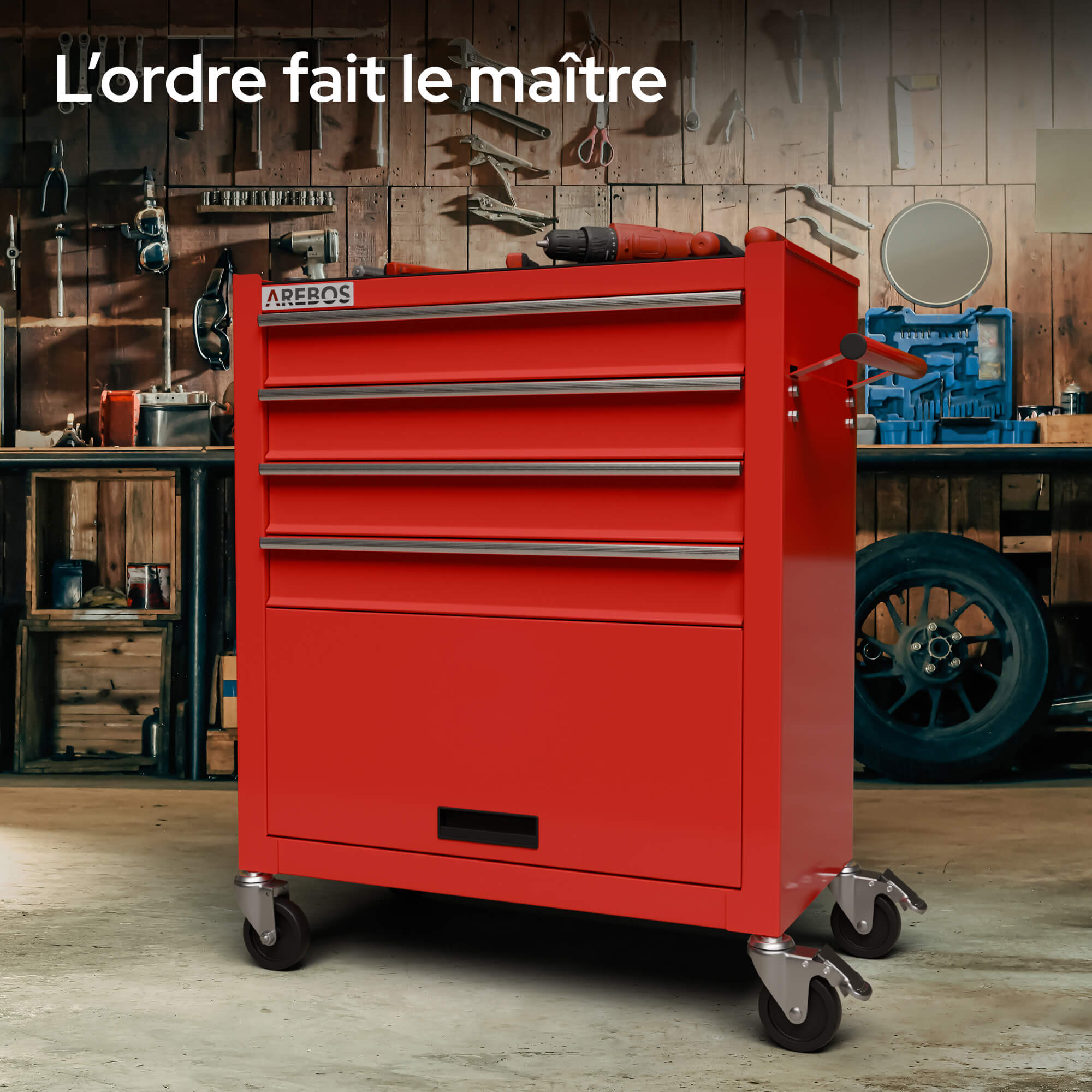 AREBOS Chariot d'Atelier Chariot à Outils 4 Tiroirs + Grand Compartiment 4 roulettes Construction Robuste Tapis antidérapants Rouge - 5