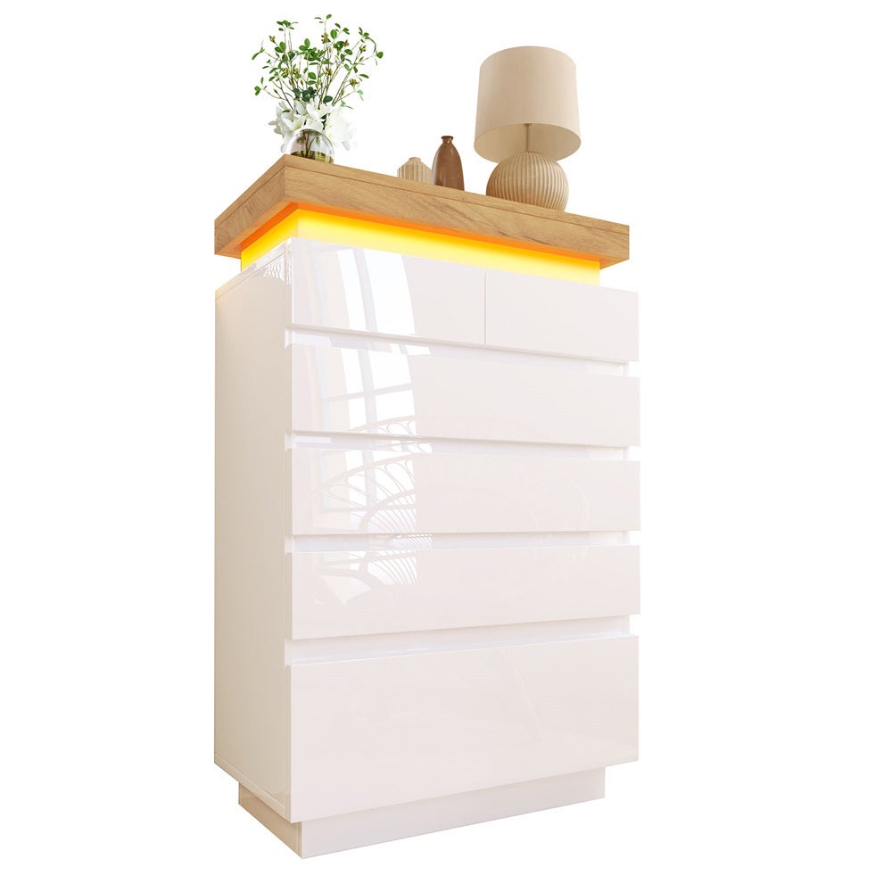 Komoda/kredens lakierowany na wysoki połysk z 6 szufladami, oświetlenie LED, 73 x 39 x 115 cm, kolor biały - 4