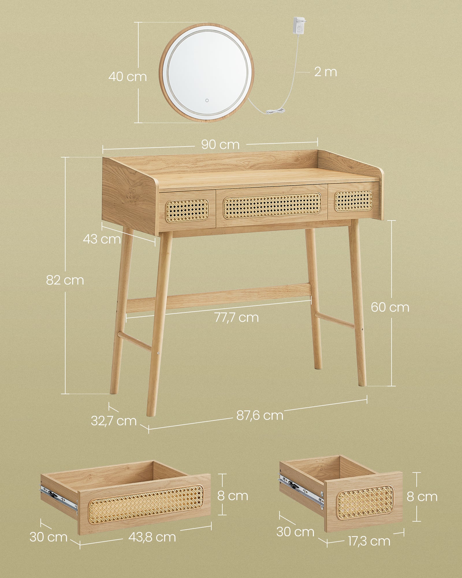 Coiffeuse avec Miroir et Lumière, 3 Tiroirs Imitation Rotin, Lumière Réglable avec 3 Nuances de Couleur, Style Bohème, Beige Chêne - 5