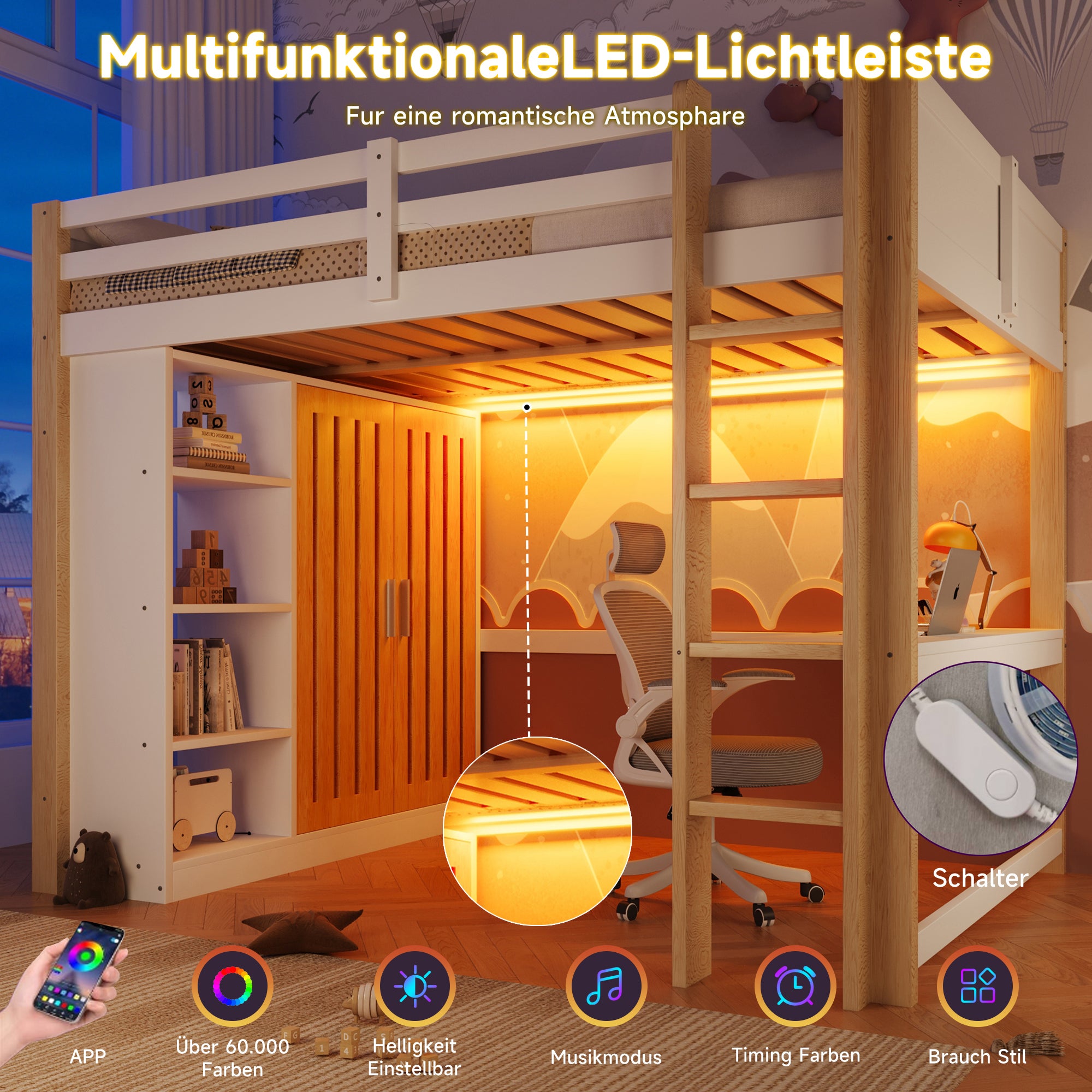 Lit mezzanine 140 x 200 cm avec armoire, étagère et bureau - Pin + MDF + contreplaqué - LEDs - Blanc et naturel (Sans matelas) - 7