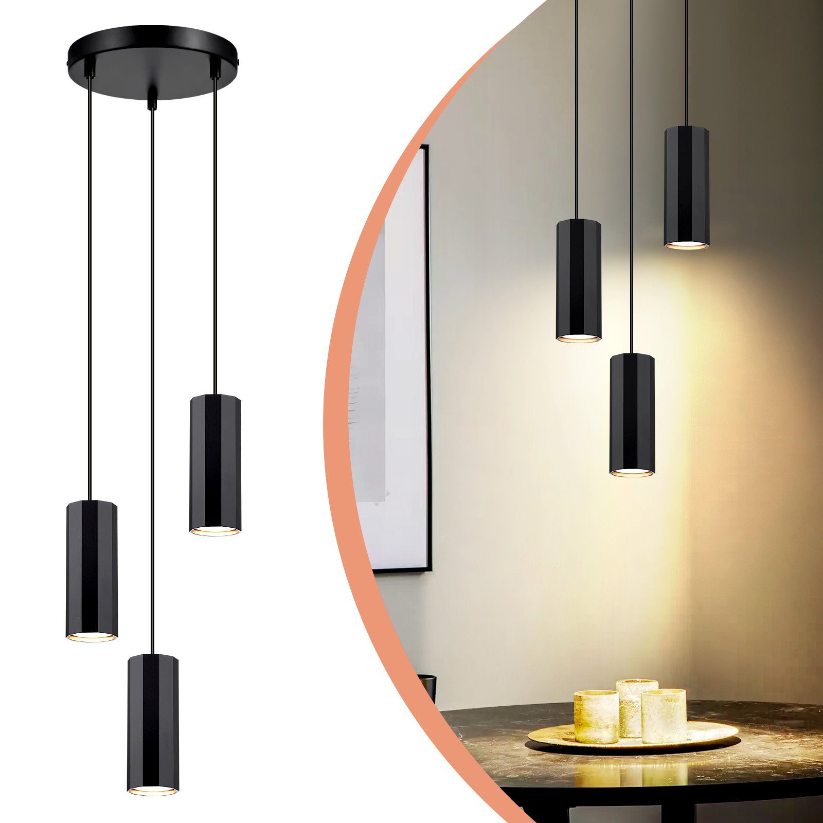 NETTLIFE Czarna metalowa lampa wisząca o średnicy 20 cm GU10 3-płomieniowa nowoczesna lampa stołowa do salonu w stylu industrialnym do kuchni