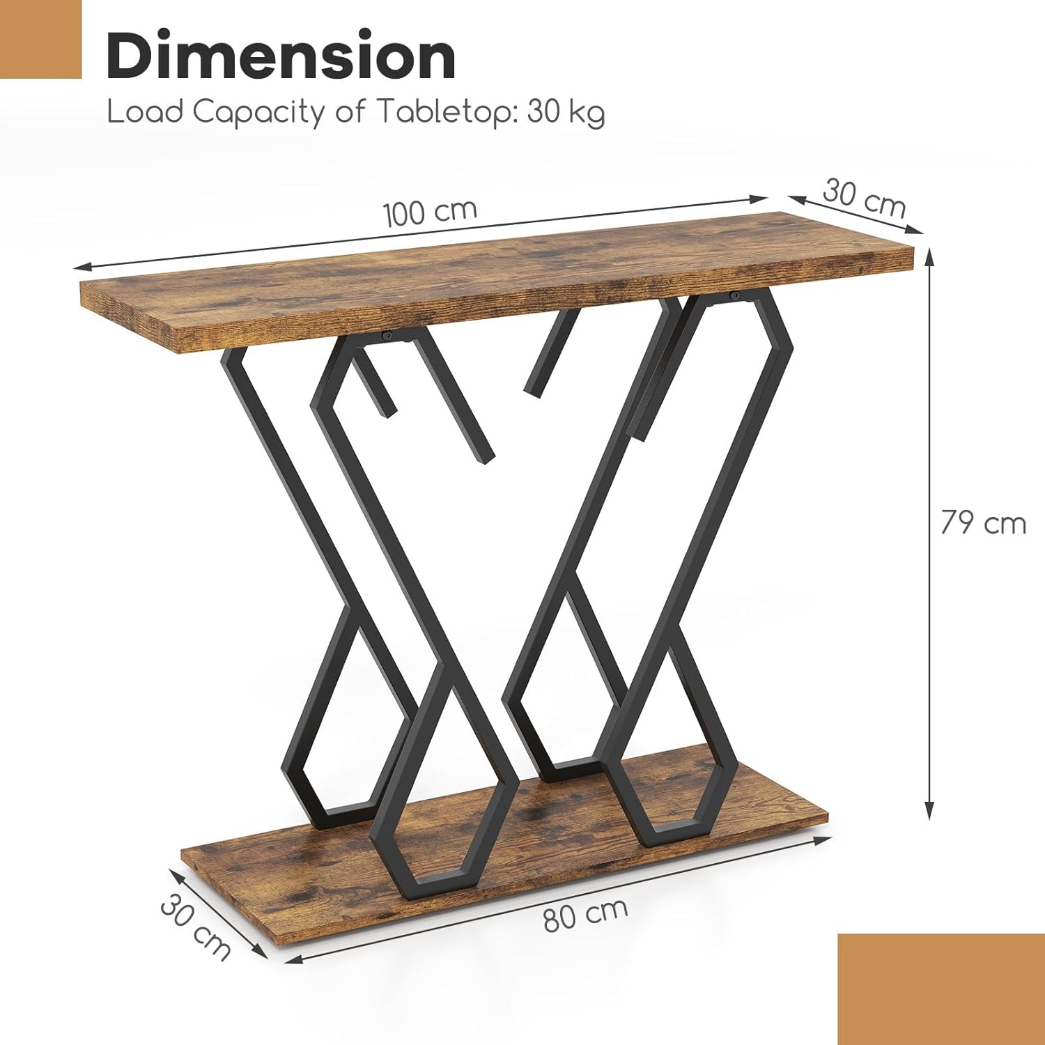 Tavolo consolle vintage stretto, struttura in metallo e ripiani, marrone scuro, 105 x 30 x 81 cm, mobili per ingresso e soggiorno, elegante soluzione per riporre oggetti in corridoio