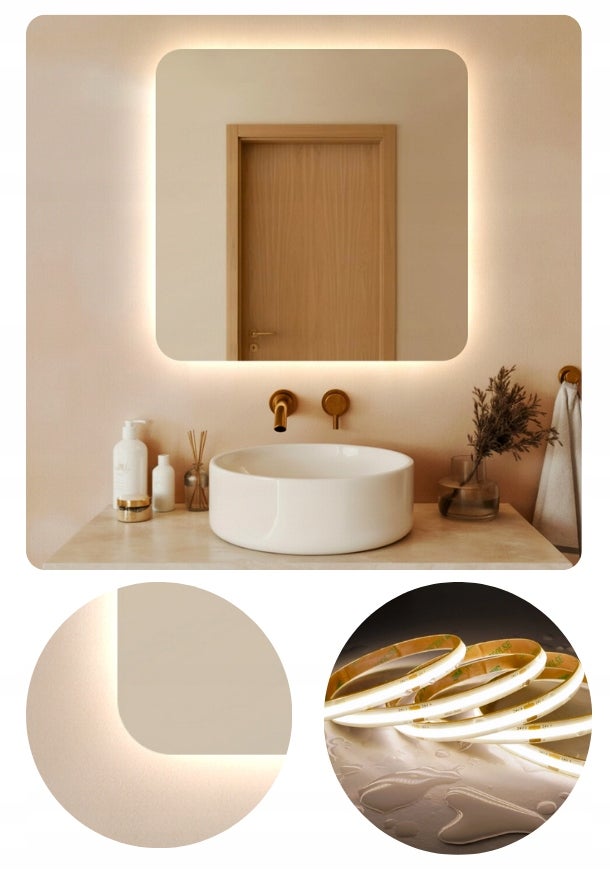 Lustro Led 90x90 cm Zaokrąglone Rogi Podświetlane Ledowe + COB 480 Diod/M