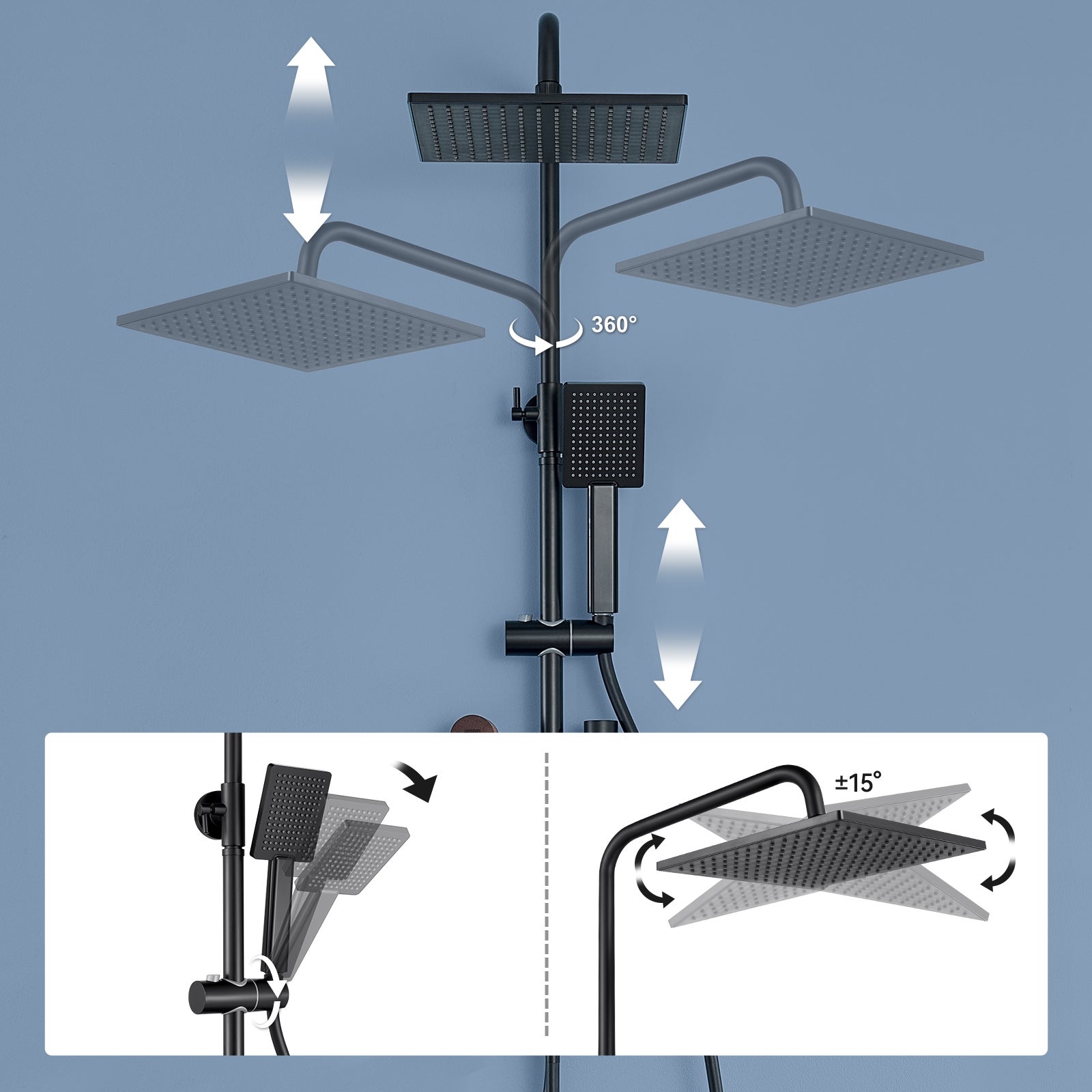 Colonne Douche Inox,Réglable Hauteur Ensemble Douche Murale avec Étagère Douche Set kit Douche sans Robinet avec Pommeau Douche Carré 25.5cm,Noir - 5