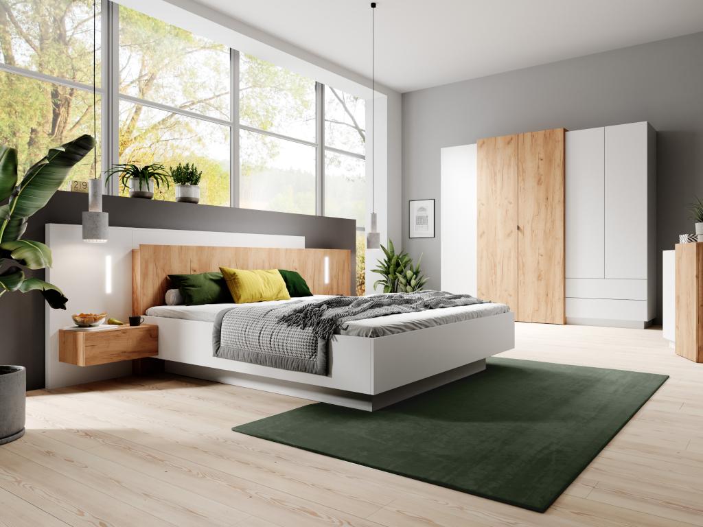 Łóżko z szafkami nocnymi 160 x 200 cm - 2 szuflady - Z diodami LED - Kolory: biały i naturalny+ Stelaż - FRANCOLI
