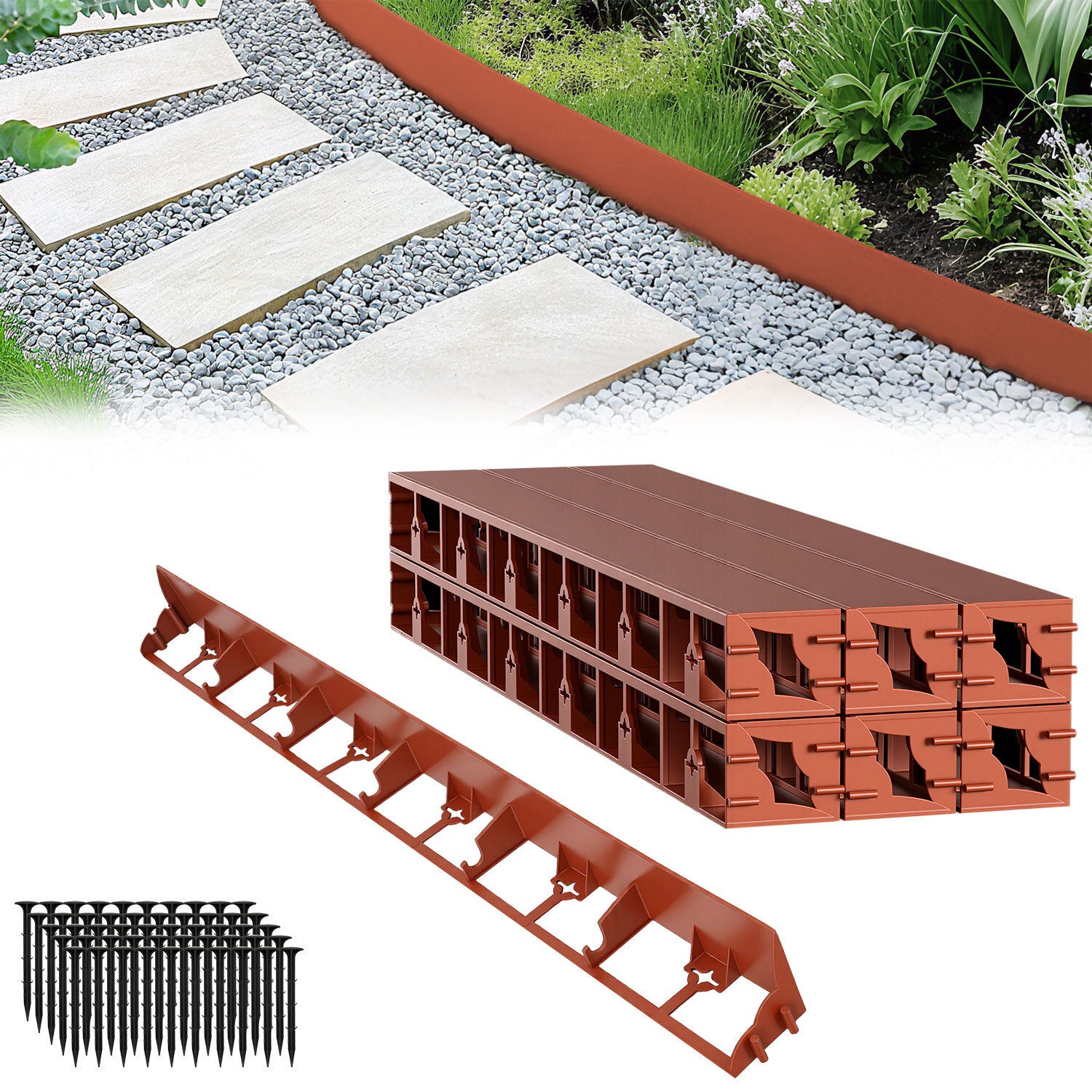 Bordura flessibile nera per giardino - 5 cm x 10 m con 20 picchetti di fissaggio