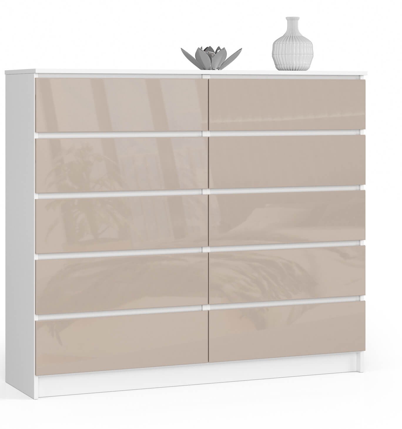 Komoda: 10 szuflad, biała | cappuccino sparkle, 138 x 121 x 40 cm