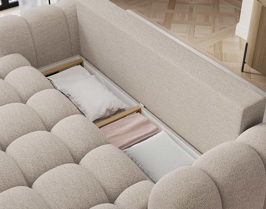 Canapé droit convertible 3 places avec coffre en tissu bouclette beige - DORIAN - Best Mobilier - 3