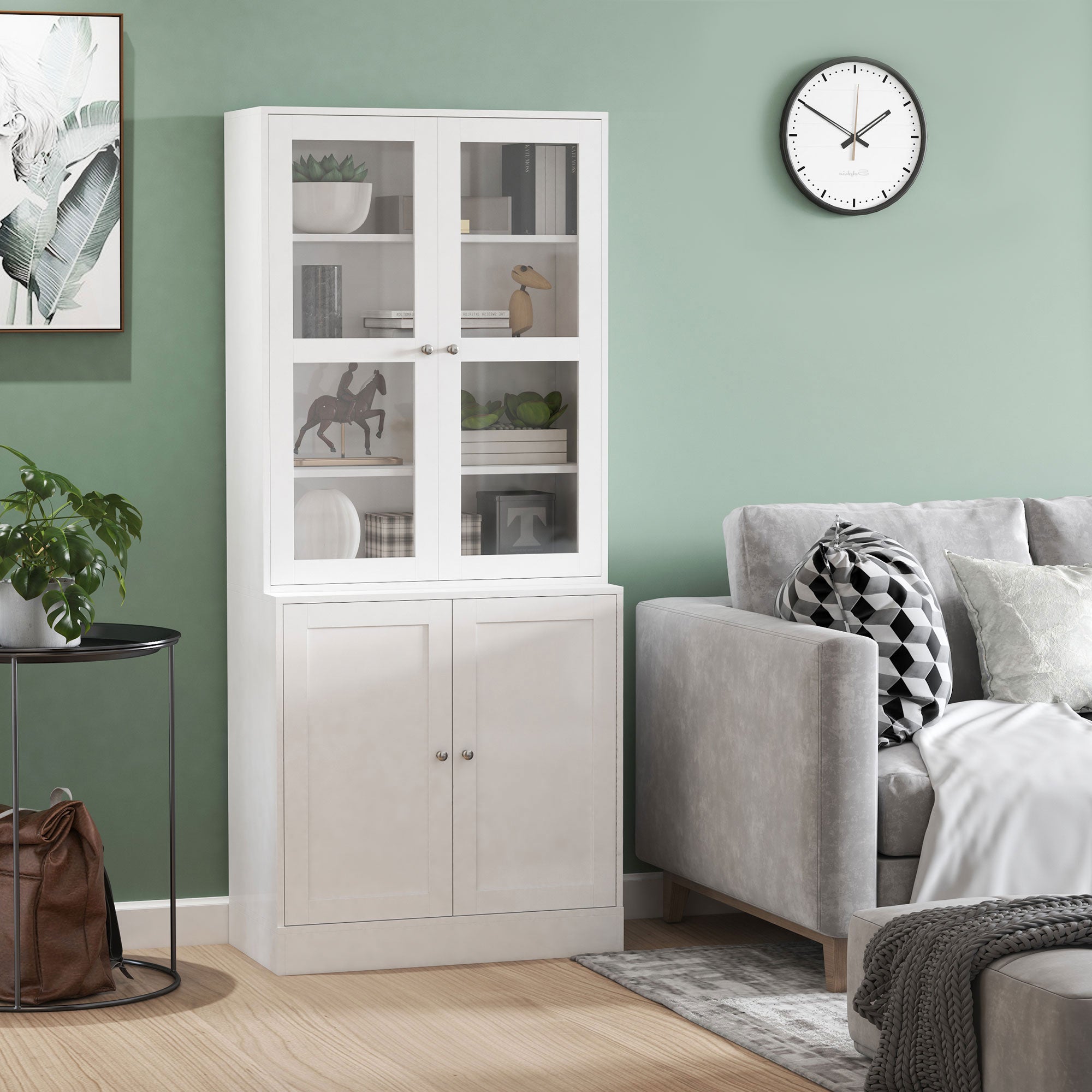 Bibliothèque vitrine, buffet salon, meuble de rangement avec 2 portes verre, 2 portes bois, 4 étagères réglables, pour salon, bureau, chambre, blanc - 2