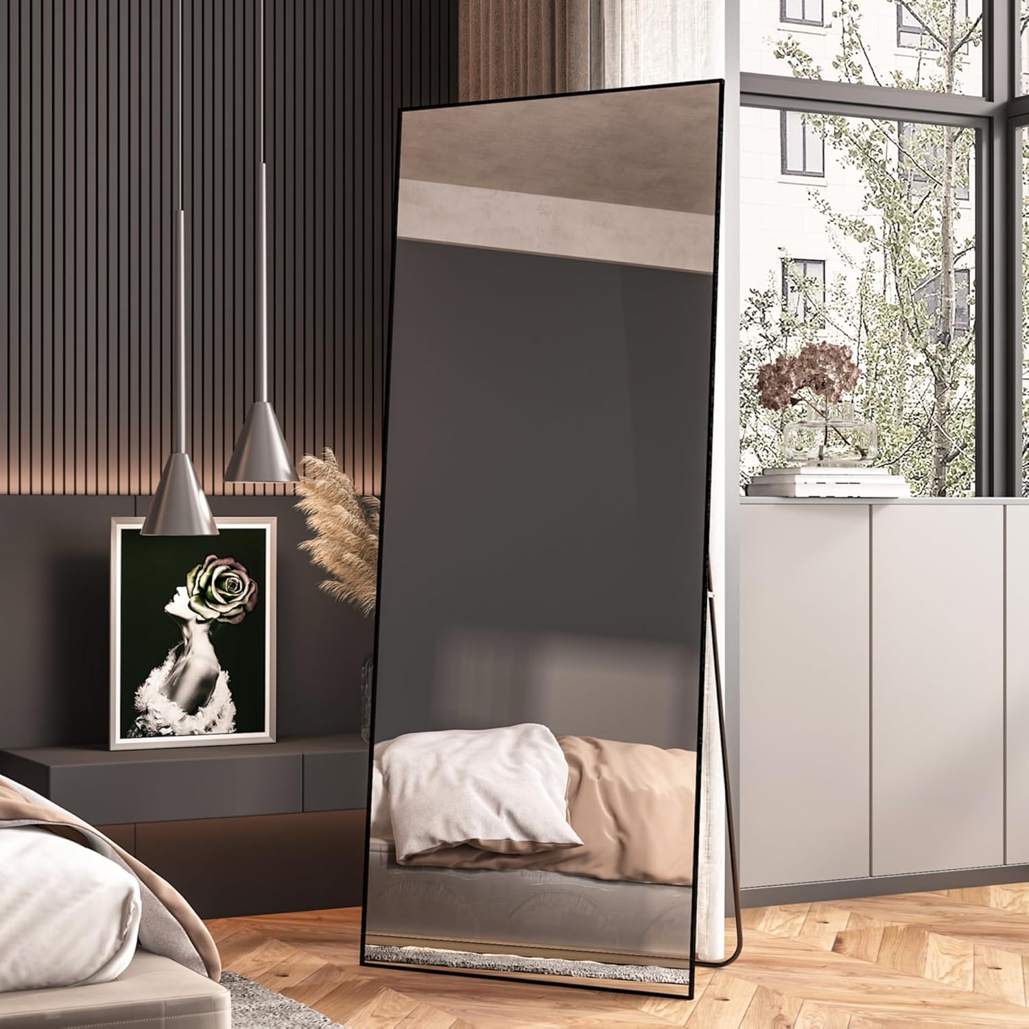 Espejo rectangular grande de 165 x 60 cm, espejo de cuerpo entero, espejo de dormitorio de pie o de pared, marco de aluminio, espejo negro - 4