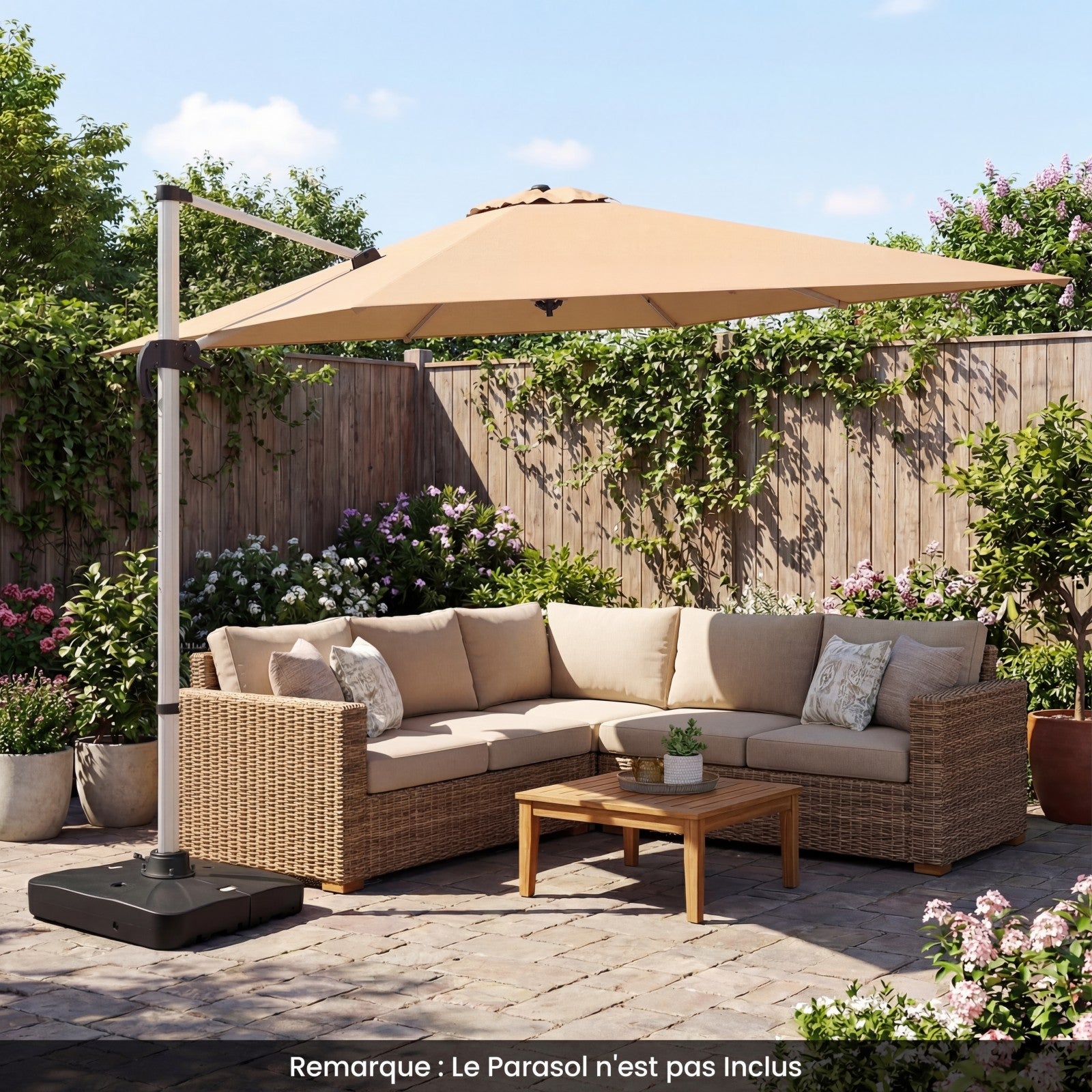 Pied de Parasol Extérieur 210KG avec Roulettes, Support de Parasol 105CM Décalé Robuste, Base Carrée Remplissable d'Eau&de Sable, Portable pour Jardin - 2