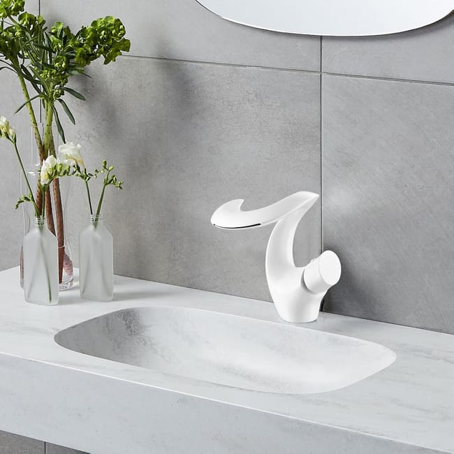Rubinetto Bagno A Cascata Per Lavabo | Monocomando Caldo/Freddo, Bocca Piatta, Bianco+Oro Con Cartuccia Ceramica