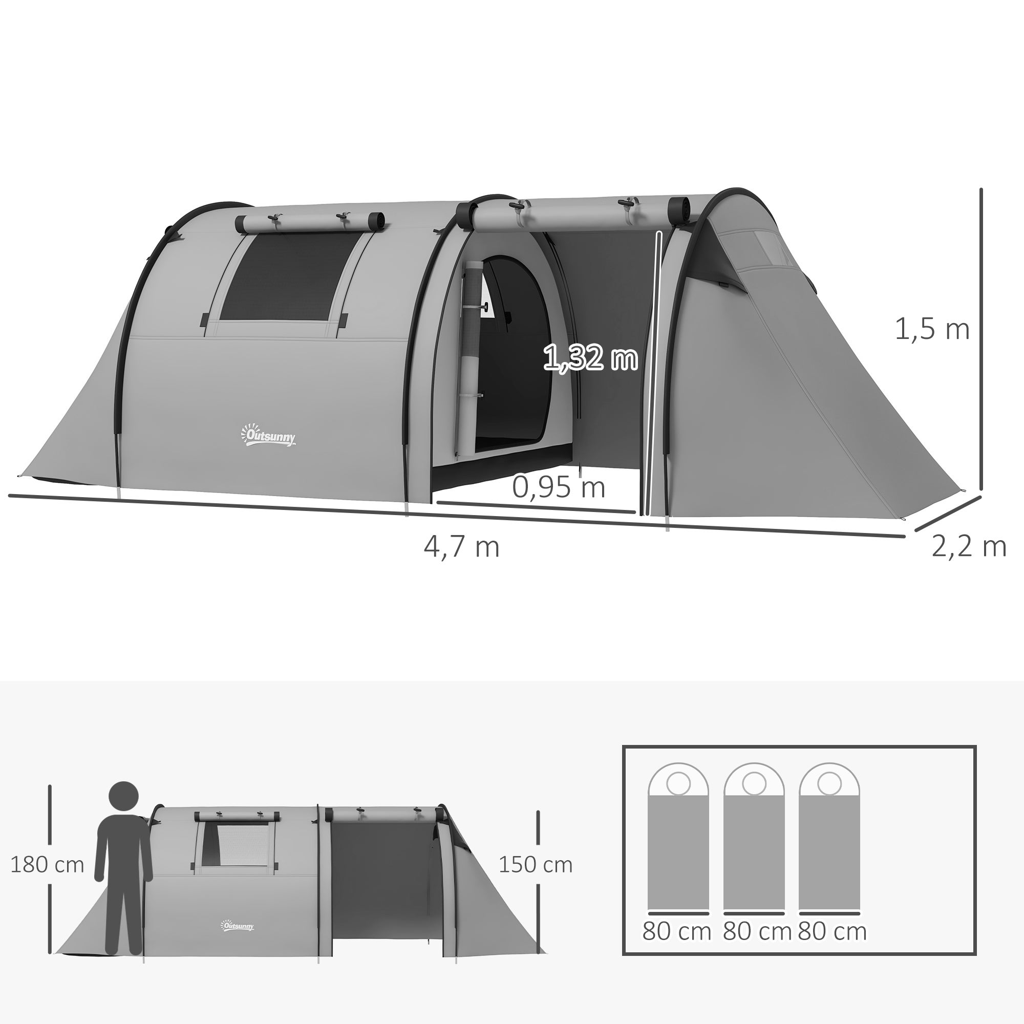 Tente de camping 3-4 pers. étanchéité 3000 mm chambre salon sac gris - 3