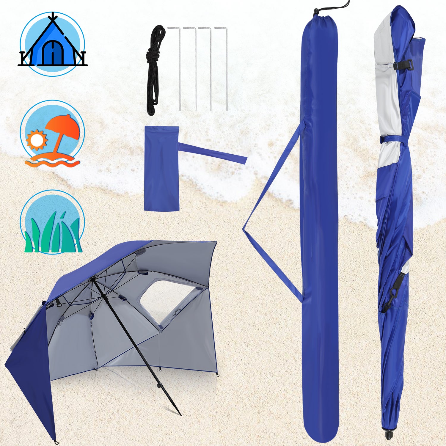 Parasol de plage bleu octogonal, L.210 x l.210 cm anti-vent protection UV 50+ avec Sac de Transport pour Patio/Piscine/Jardin - 5