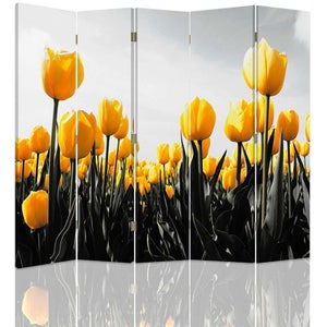 Paravent 3 Panneaux Tulipes Jaune Réversible – 110x150 Cm, Toile Canevas, Pieds Stables