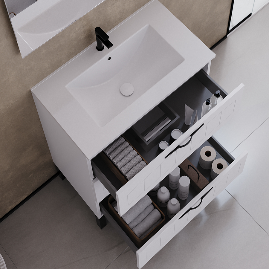 Meuble de salle de bain 60cm simple vasque - 3 tiroirs - sans miroir - blanc - CALA - 3