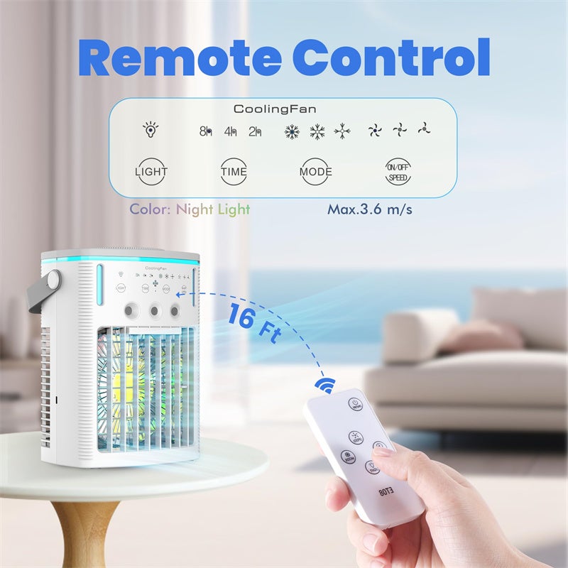 Climatiseur portable, mini climatiseur mobile évaporatif à double buse 1000 ml, avec télécommande, 3 vitesses, 7 couleurs d'éclairage, pour chambre - 8