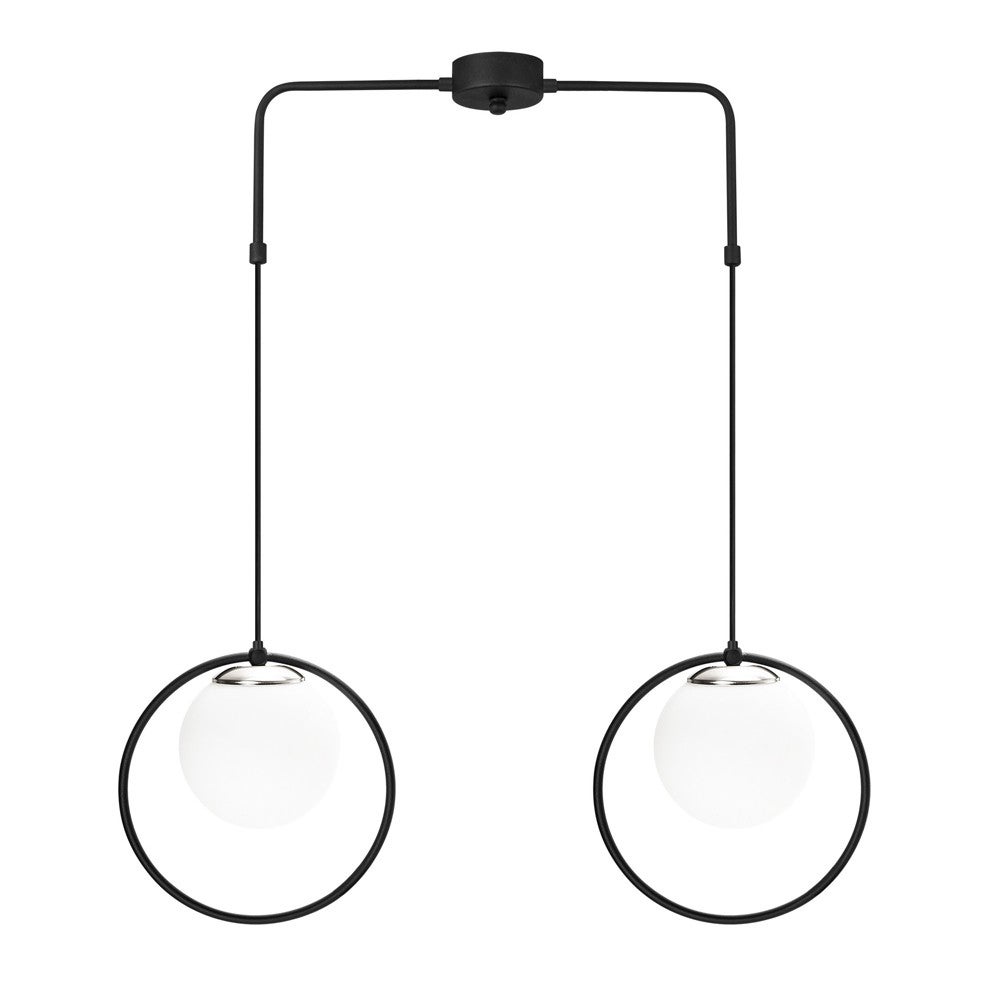 Regleta de techo escott 2 luces nórdico con aros negros y esferas de cristal blanco en el interior