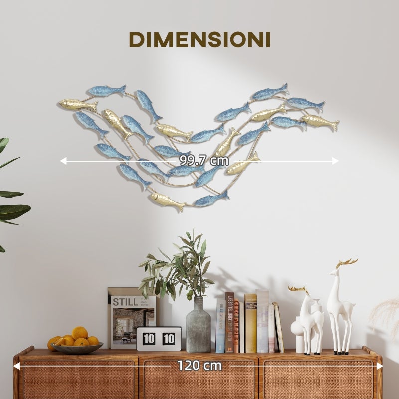 Décoration murale en métal « Banc de poissons » avec vis incluses, 99,7 x 3,8 x 50,2 cm, doré et bleu - 7