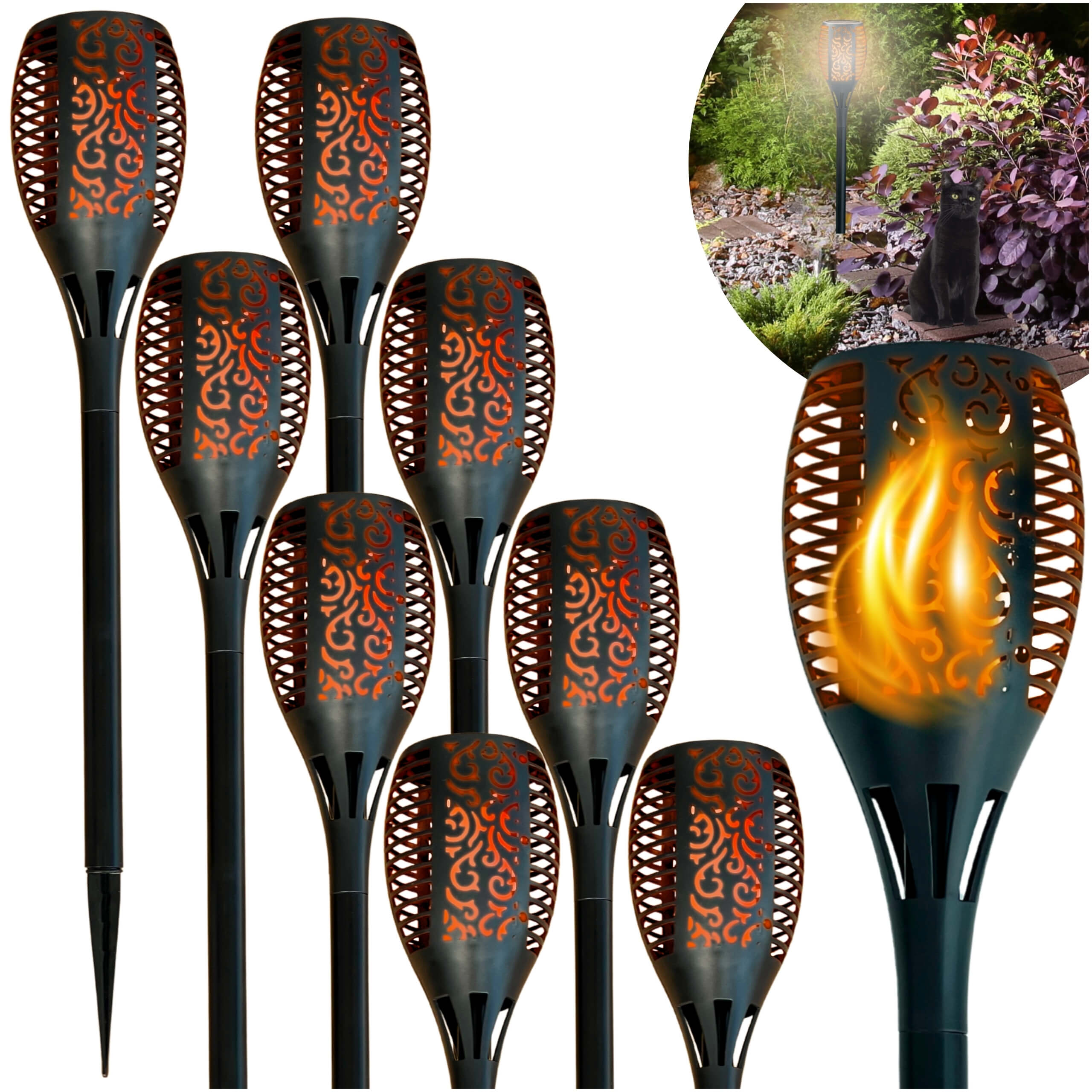 Zestaw 8 Lamp Solarnych LED 33 Duże Ogrodowe Pochodnie z Efektem Płomienia Wbijane Latarnie