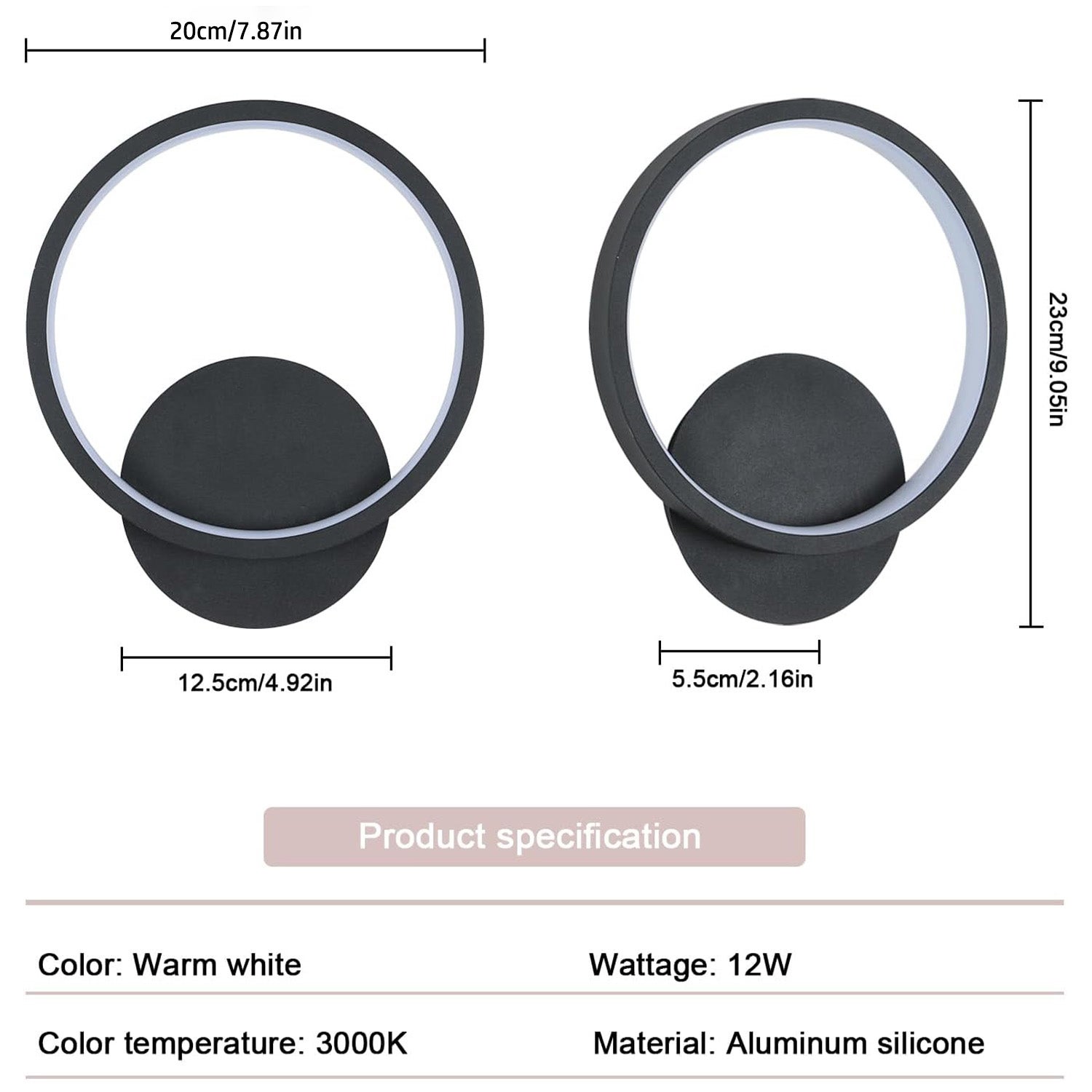 GOECO Applique Murale Intérieure LED - 12W Noir 3000K Lumière Blanche Chaude Ronde Lampe Murale Moderne pour Chambre Salon Couloir Escalier - Ø20cm - 2