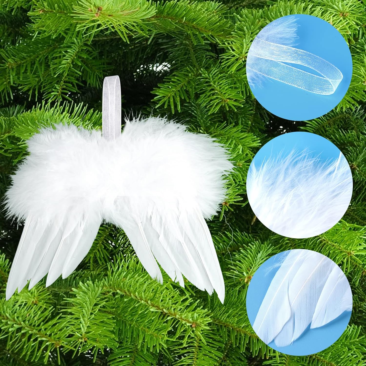 12 peças de enfeites de Natal vintage com penas brancas, asas de anjo com penas brancas, decoração de árvore para artesanato faça você mesmo - 3