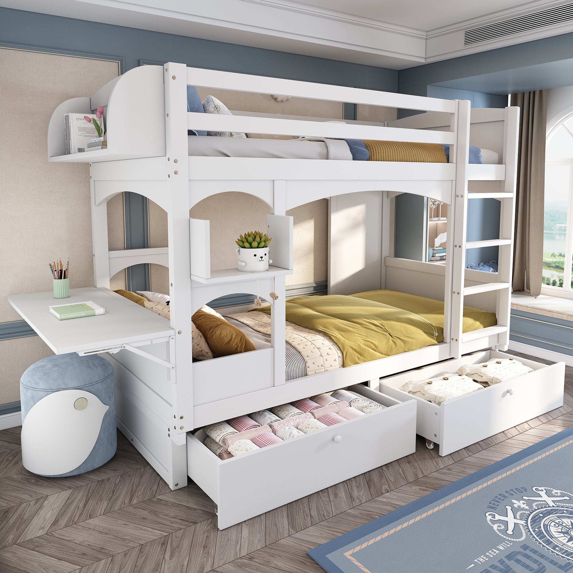 Lit superposé enfant multifonction 90x200 cm avec bureau rabattable et étagère,Échelle,2 tiroirs de rangement,blanc(sans matelas) - 3
