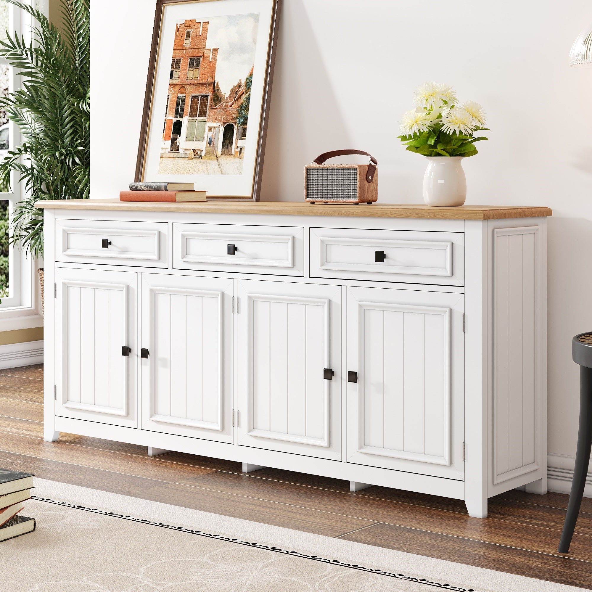 Nowoczesna komoda z 3 drzwiami i 2 szufladami - 160 x 35 x 76 cm - MDF - do salonu, kuchni - biała - 6