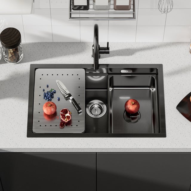 Cecipa max Évier Cuisine 1 Bac 70×44×21CM Évier à Encastrer Noir avec Egouttoir et Vasque,EU Modèle