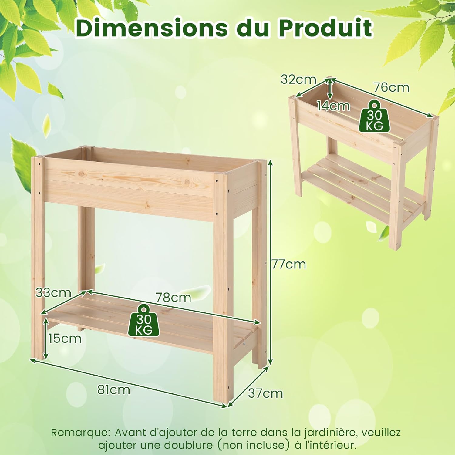 Jardinière Surélevée en Bois avec Pieds, Lit de Jardin avec Étagère de Rangement et Trous de Drainage, Conteneur (81 x 37 x 77 cm) - 3