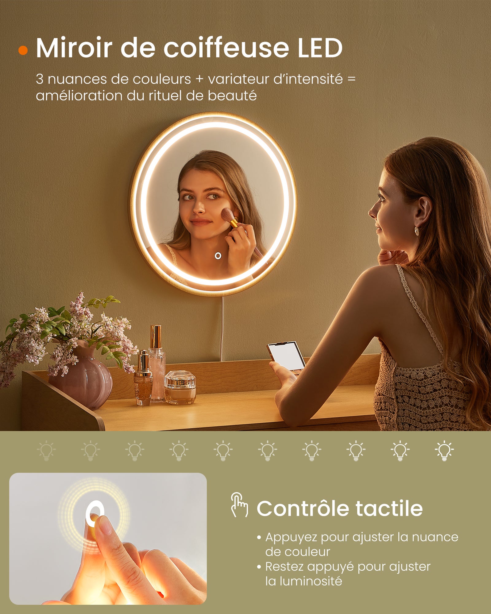 Coiffeuse avec Miroir et Lumière, 3 Tiroirs Imitation Rotin, Lumière Réglable avec 3 Nuances de Couleur, Style Bohème, Beige Chêne - 3