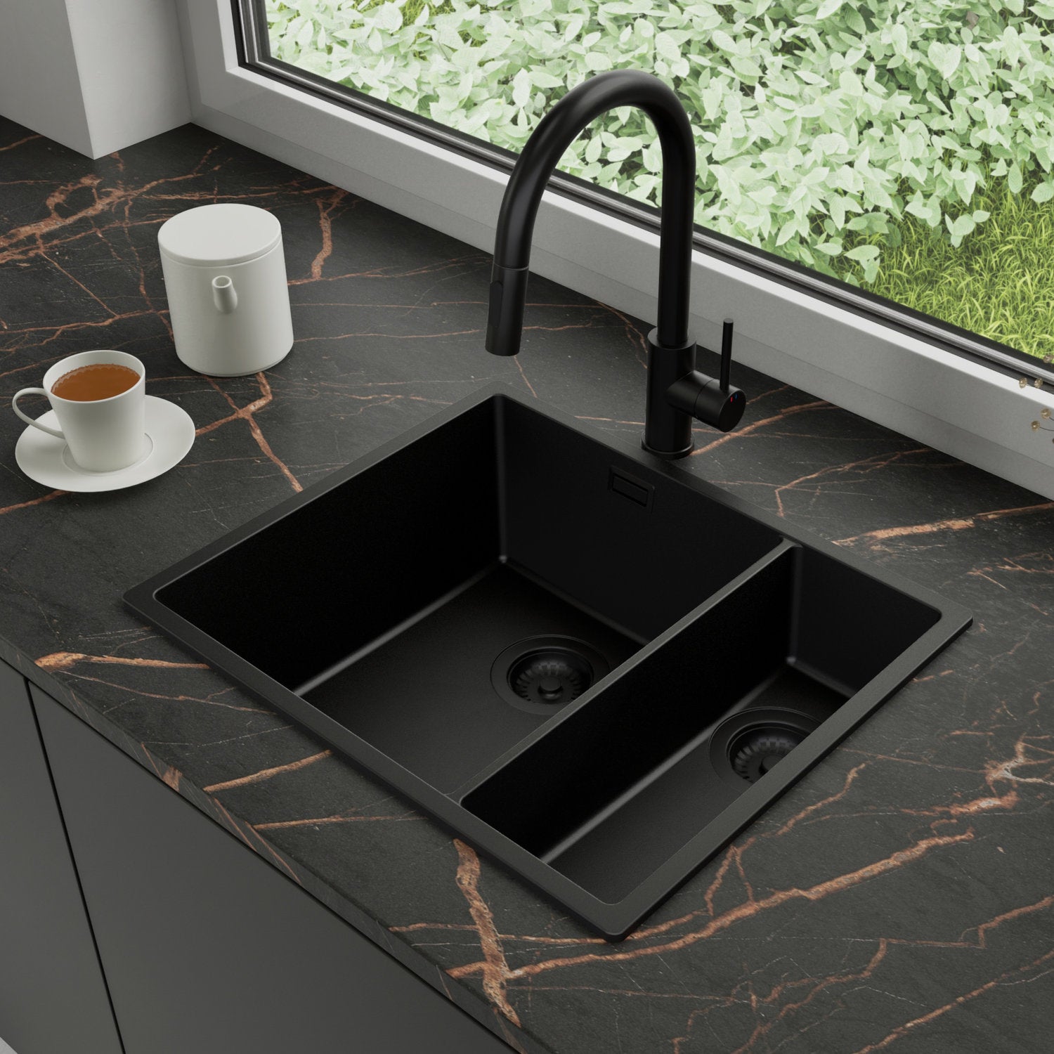 Zlewozmywak Granitowy 56x47cm, do szafki od 60cm + Bateria + Syfon - Agate Cały Czarny STONESTYLE