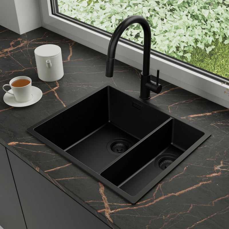 Zlewozmywak Granitowy 56x47cm, do szafki od 60cm + Bateria + Syfon - Agate Cały Czarny STONESTYLE