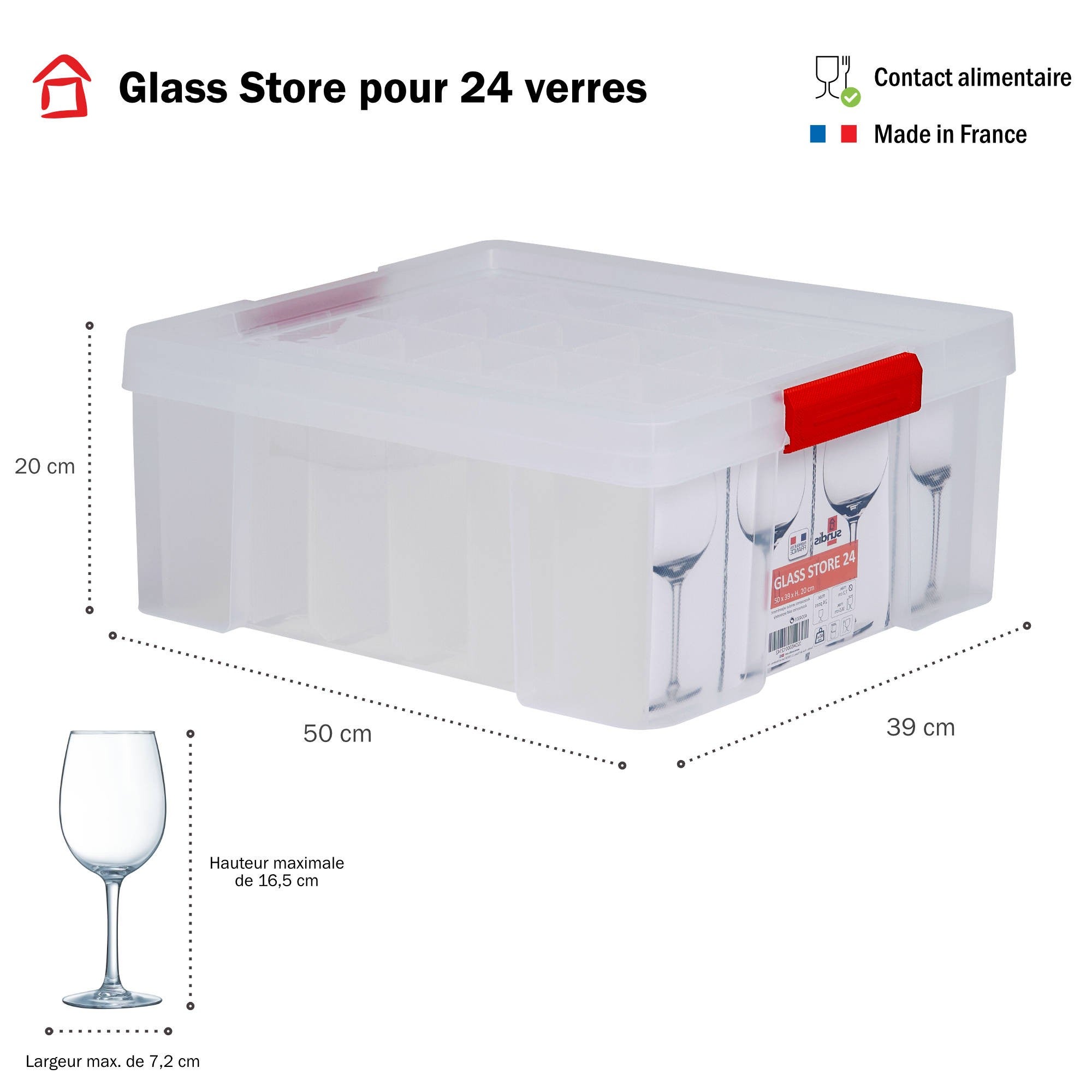 Lot de 3 boîtes de rangement en plastique pour verres 27L renforcées transparentes avec couvercle clipsable GLASS STORE - 2