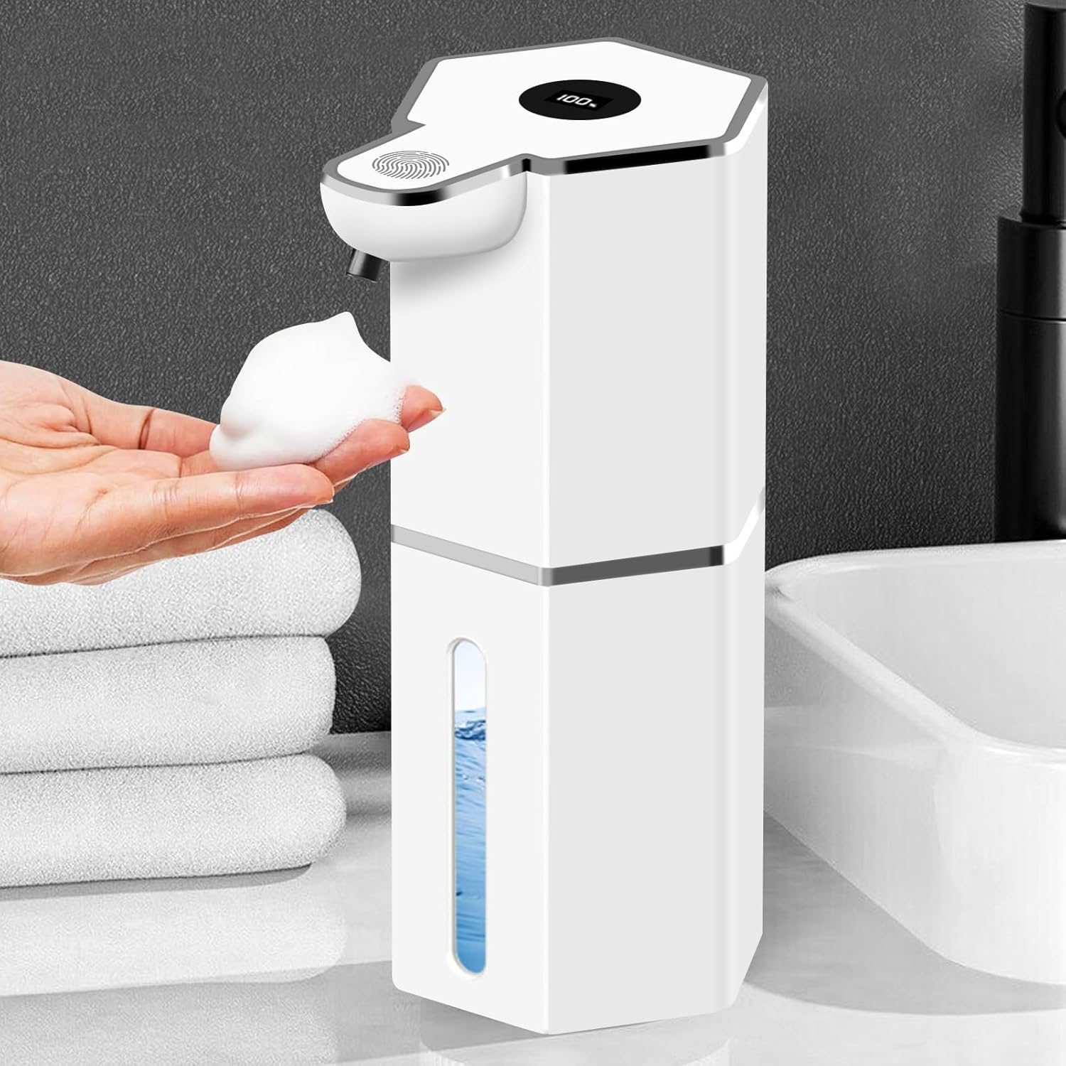 Automatyczny dozownik mydła: 360 ml - Automatyczny dozownik mydła w pianie z czujnikiem podczerwieni, 4 regulowane poziomy, wodoodporność IPX5 - Elekt