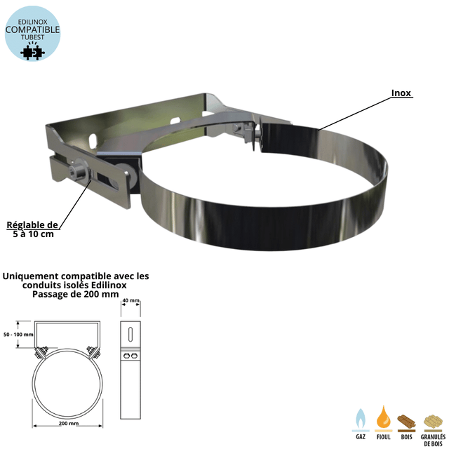 Collier mural inox conduit double paroi isolé Edilinox - Diamètre 150 mm