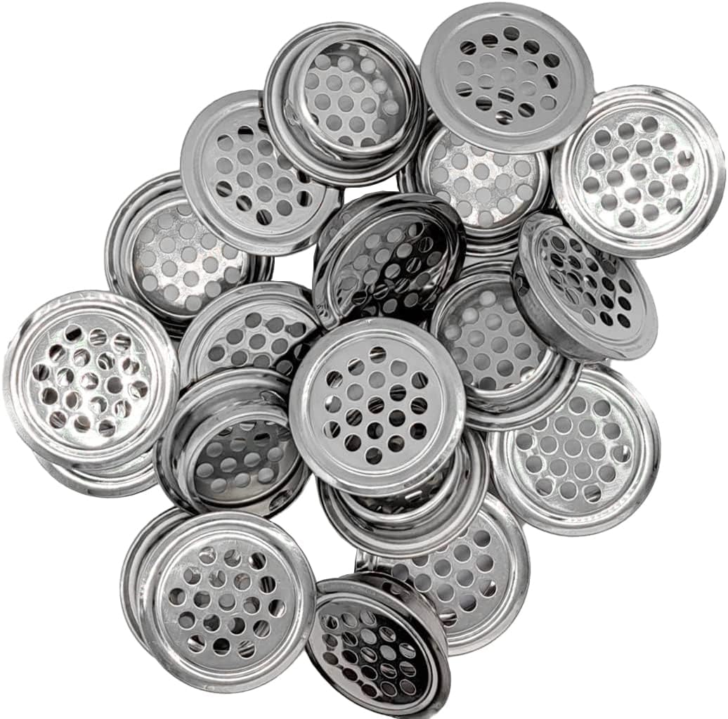 Kratka wentylacyjna dachowa, okrągła, ze stali nierdzewnej o średnicy 25mm, odpowiednia do kuchni, szaf, garderobów, typ płaski, opakowanie 20 sztuk