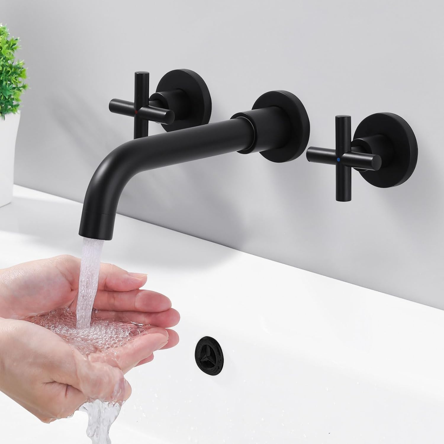 Bateria umywalkowa ścienna do łazienki, bateria wpuszczana 3-otworowa, czarna