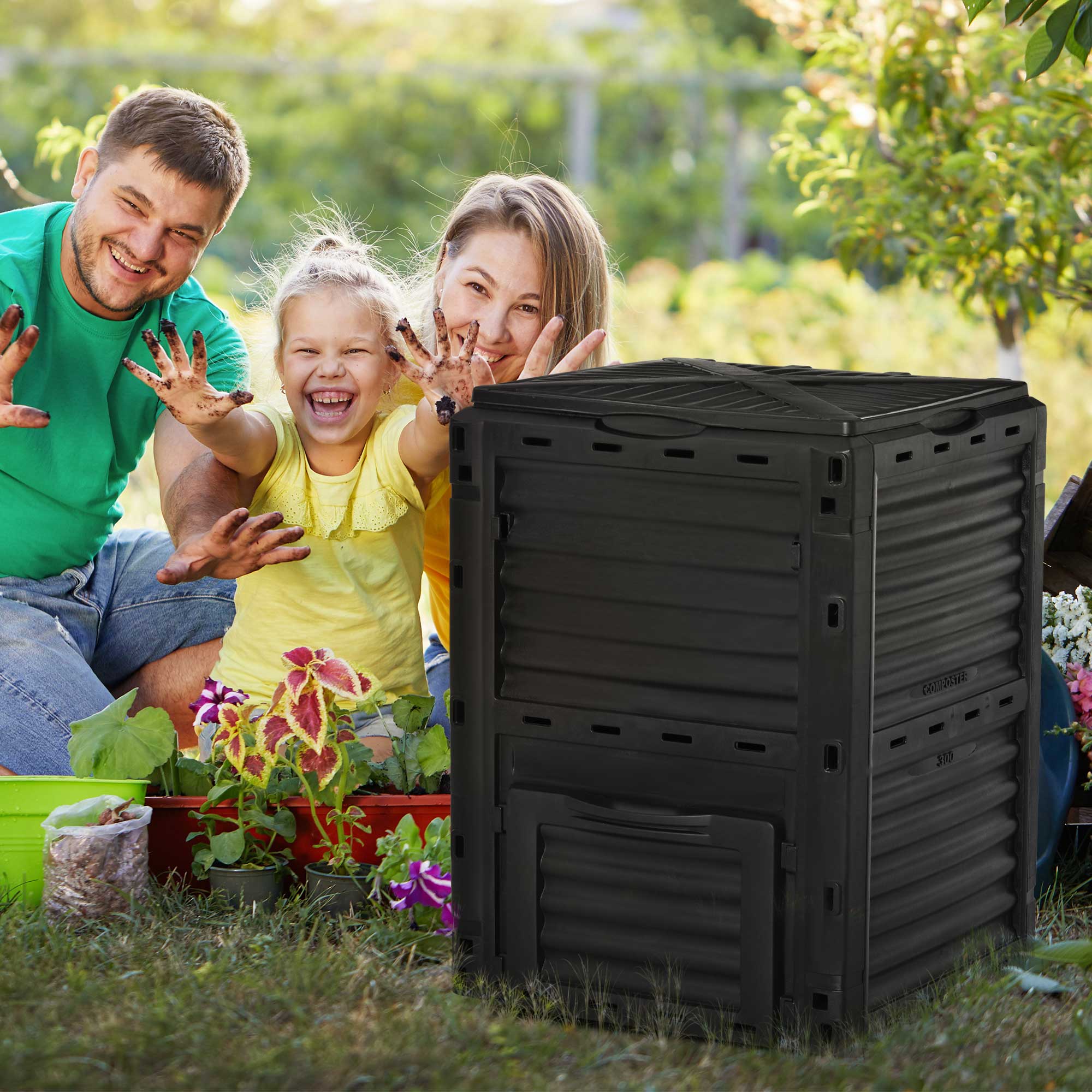 Composteur de jardin, composteur domestique en plastique noir de 300 L, bac à compost avec couvercle à clipser - 2