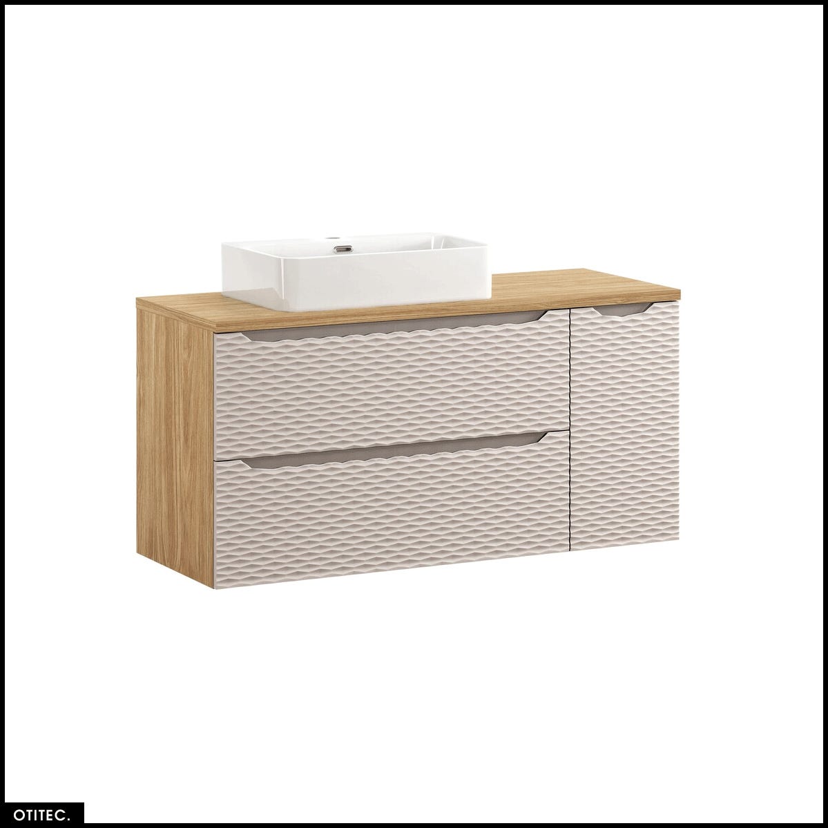Meuble double vasque suspendu salle de bain TOMI 120 cm 4 tiroirs façon hêtre et blanc Meuble double vasque suspendu salle de bain TOMI 120 cm 4 tiroirs façon hêtre et blanc