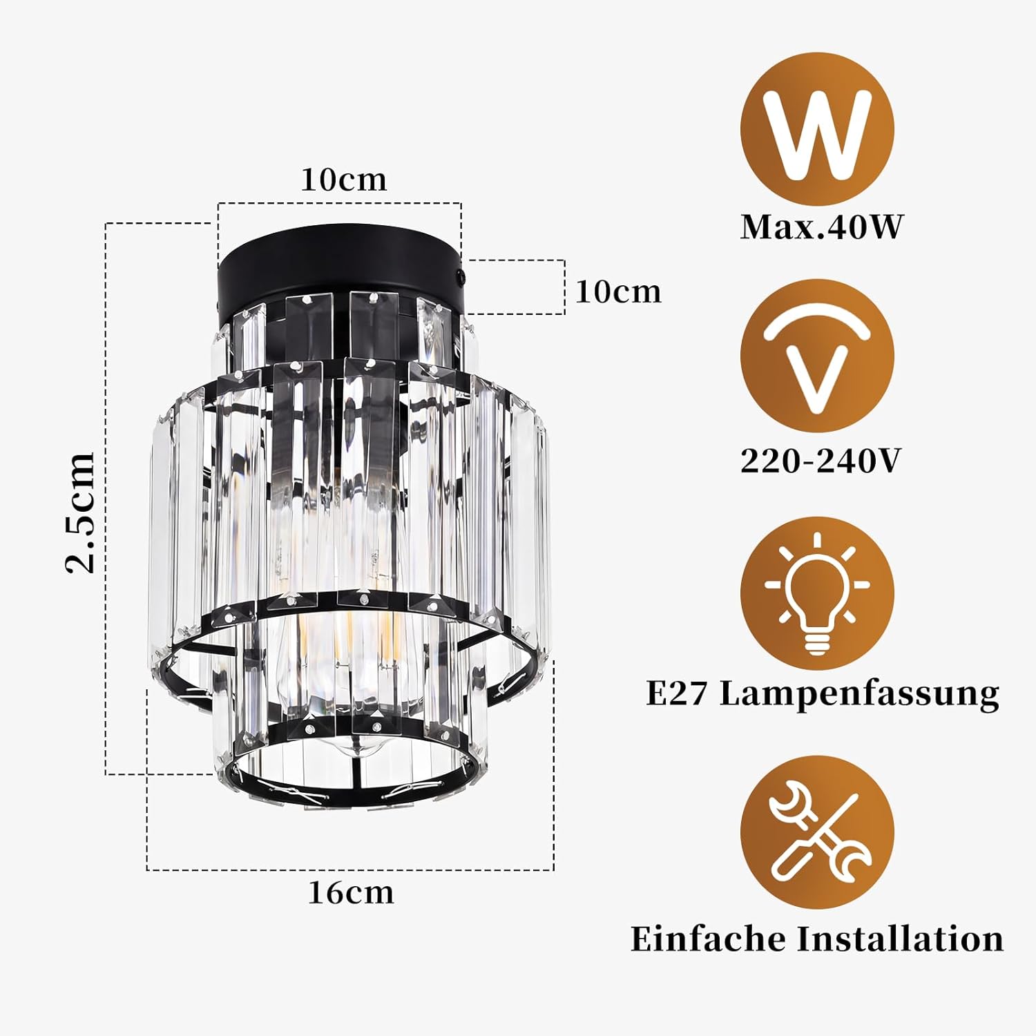 ZMH Plafonnier moderne en cristal E27 noir lampe de couloir vintage pour cuisine salon chambre cuisine couloir (ampoule non incluse) - 5
