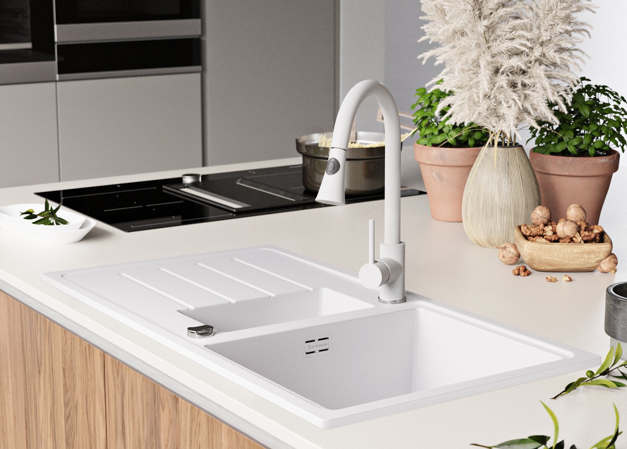 Lavello da Cucina Bianco 90x50cm, Lavandino in Granito a 1,5 vasche + Sifone Classico + Accessori, Lavabo da Cucina Incasso al mobile 60cm PRIMAGRAN - 3