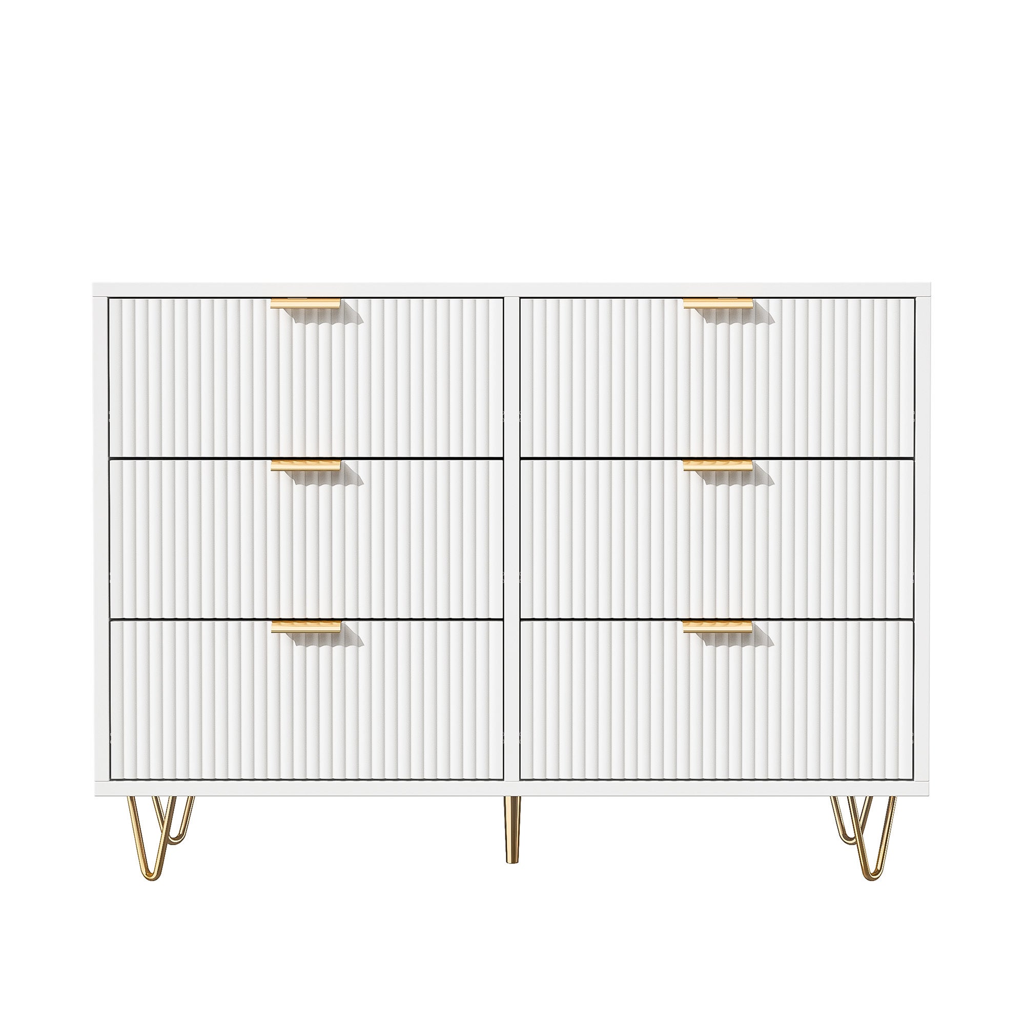 Commode blanche,6 tiroirs, Buffet d'appoint, finition ondulée, avec pieds et poignées dorés, salon, chambre, salle à manger - 10