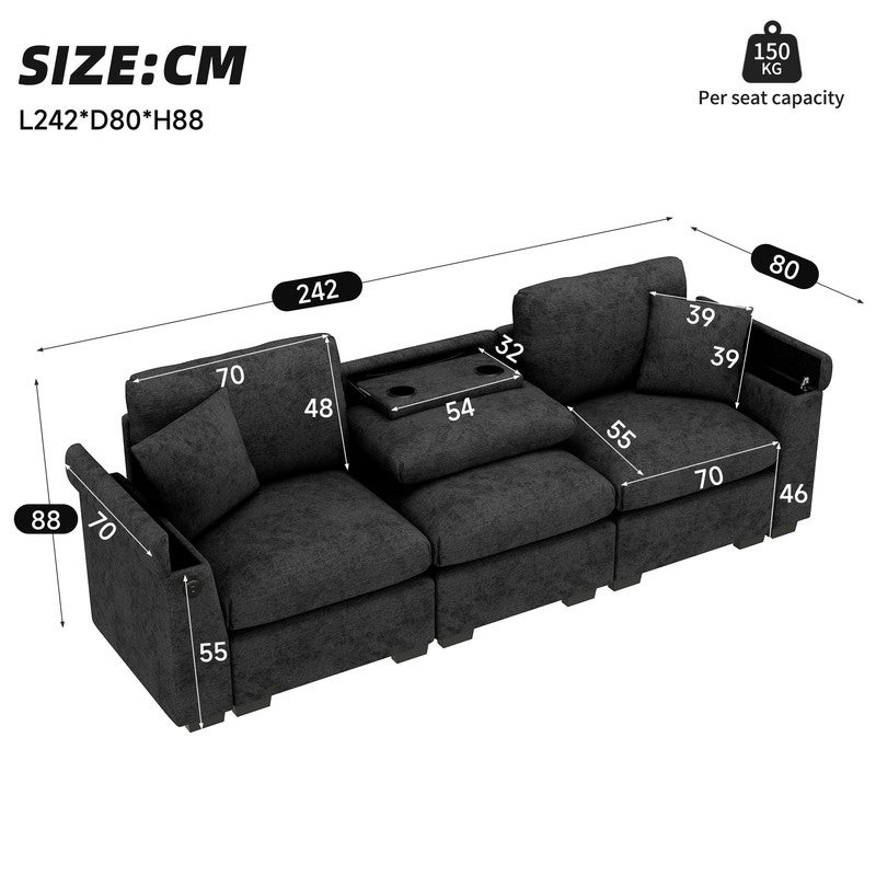 Canapé 3 places moderne - avec coussins et table pliante - comprend des ports USB et un porte-gobelet - gris - 4